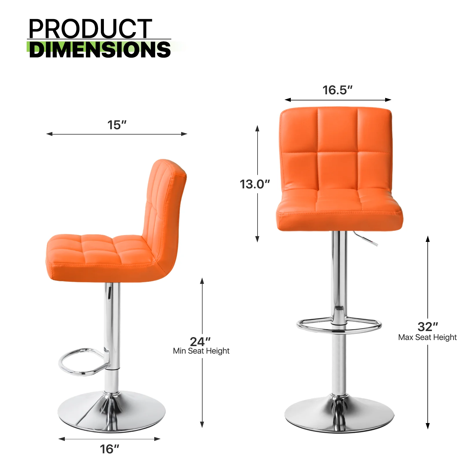 Magshion Set of 4 Adjustable Swivel Bar Stools Armless Low-Back Faux Leather Kitchen Counter Height Barstools Chairs, Orange