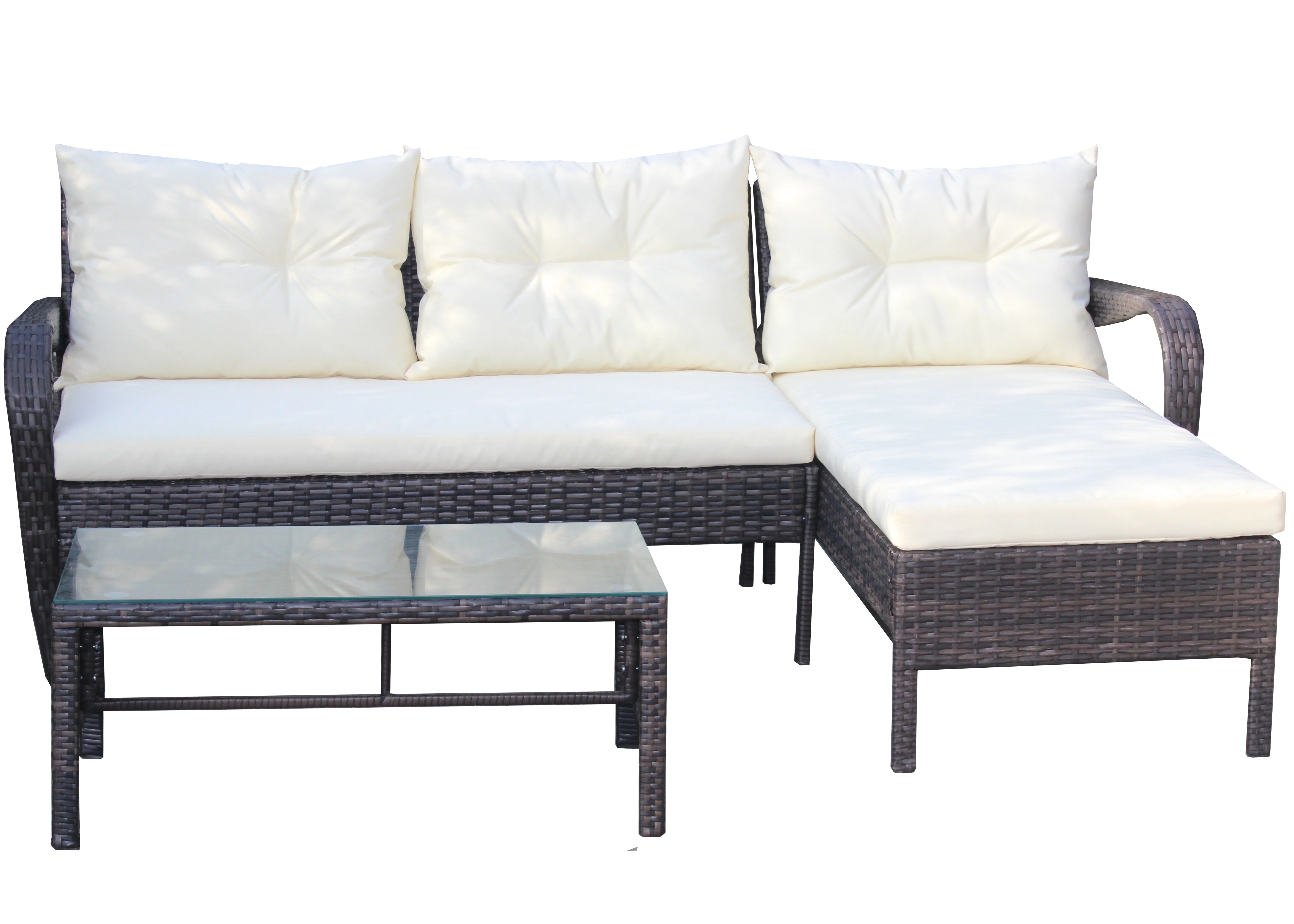 Nestfair Patio 3-Piece Sectional Sofa,Wicker Rattan Conversation Set with Tempered Glass Table,Beige Cushion,Brown