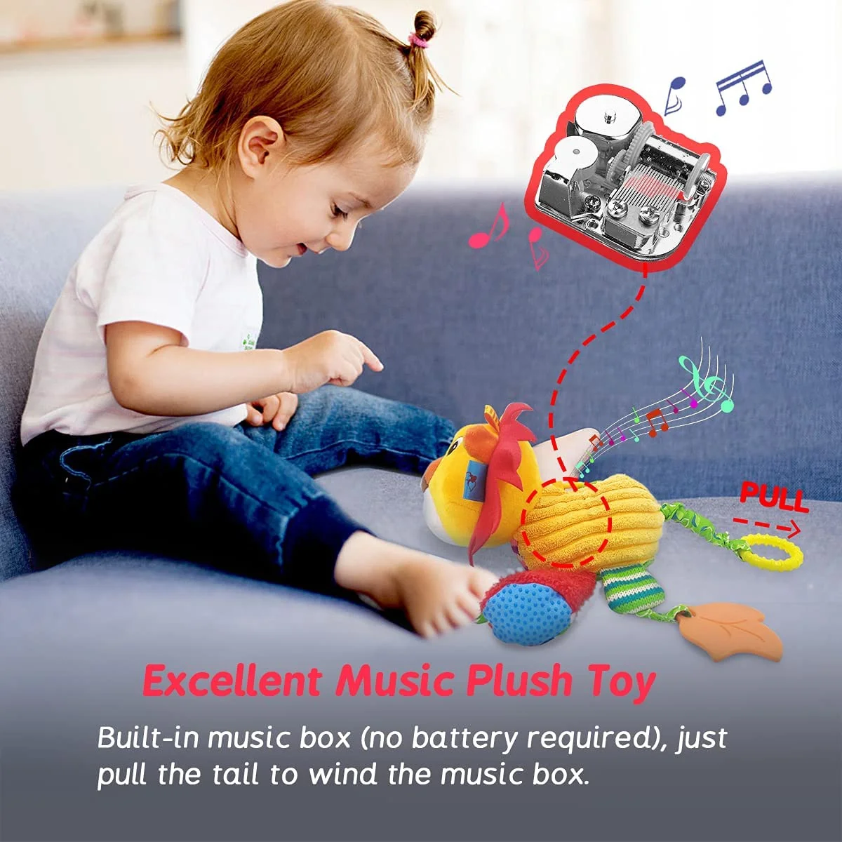 JERICETOY Baby Toy Plush Infant Toy with Musical Box Baby Carseat Toy Stroller Hanging Toy Development Toy with Rattles Crinkle Teether Magic Mirror, Stroller Clip-On Carseat Cot Crib Bed - Lion