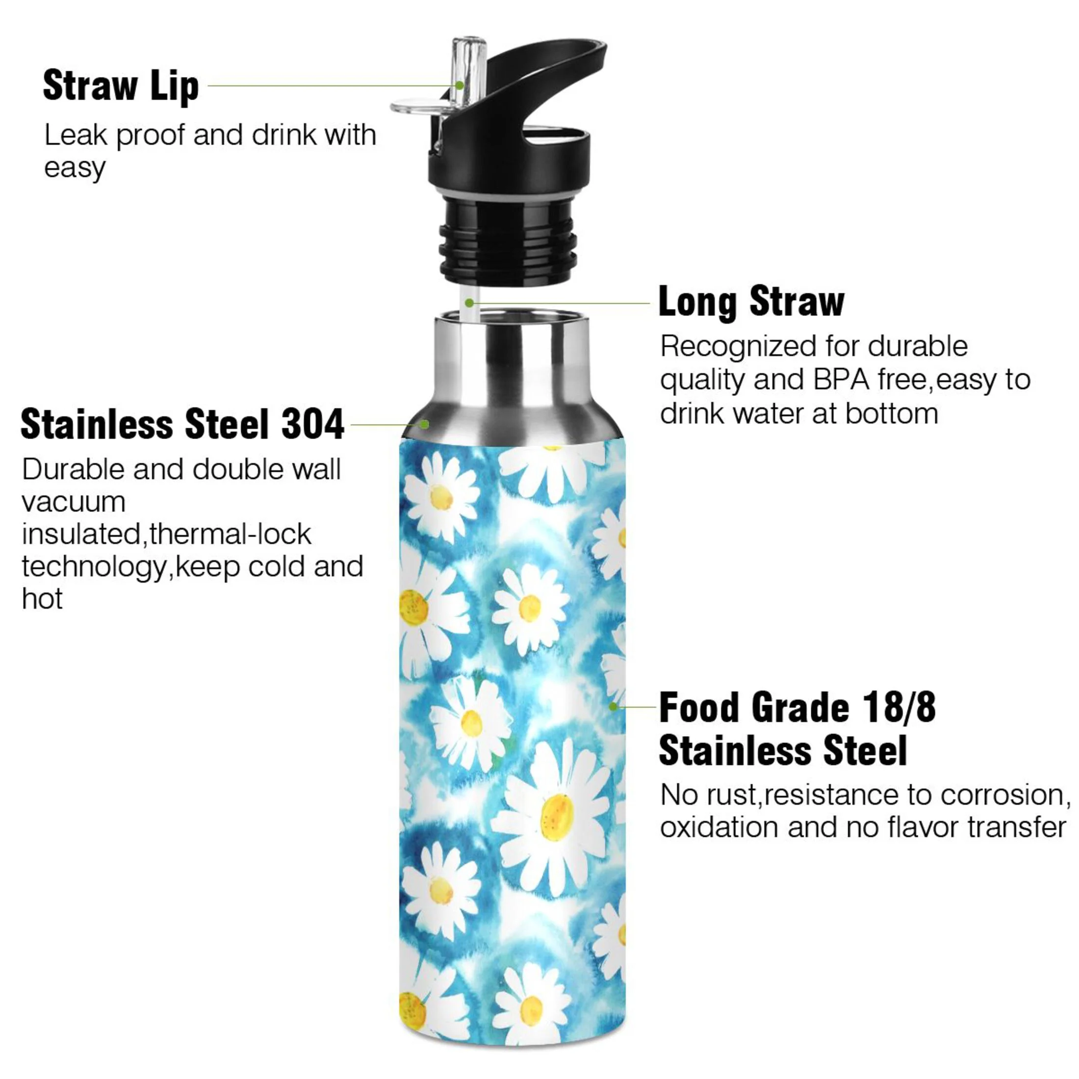 Water Bottle with Straw Lid Leak Blue with Watercolor Daisies Stainless Steel Insulated Thermos Vacuum Flask for Cold Hot Drinking for Sports Camping Gym Yoga