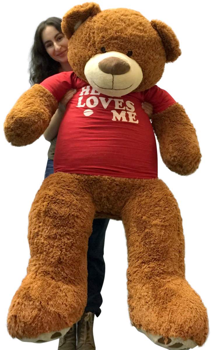 Big Plush 5 Foot Giant Teddy Bear 60 Inch Soft Brown Wears HE LOVES ME T-shirt