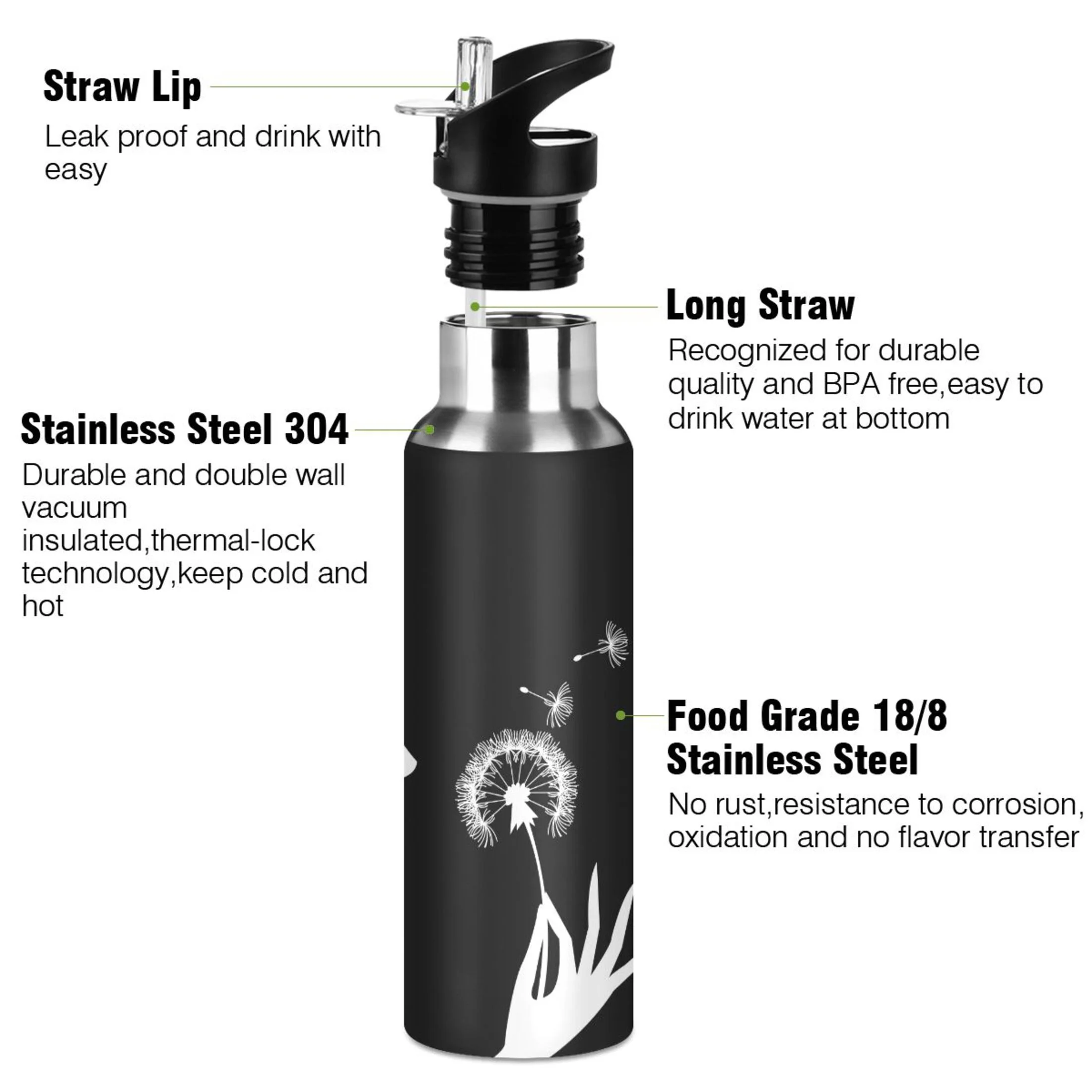 Water Bottle with Straw Lid Leak Girl Dandelion Stainless Steel Insulated Thermos Vacuum Flask for Cold Hot Drinking for Sports Camping Gym Yoga