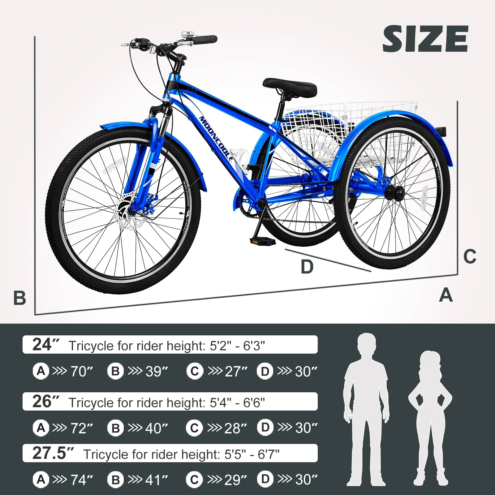 Docred Adult Mountain Tricycle, 7 Speed Three Wheel Bike, 24/26/27.5 inch Adults Trikes ,Load capacity 420 lbs