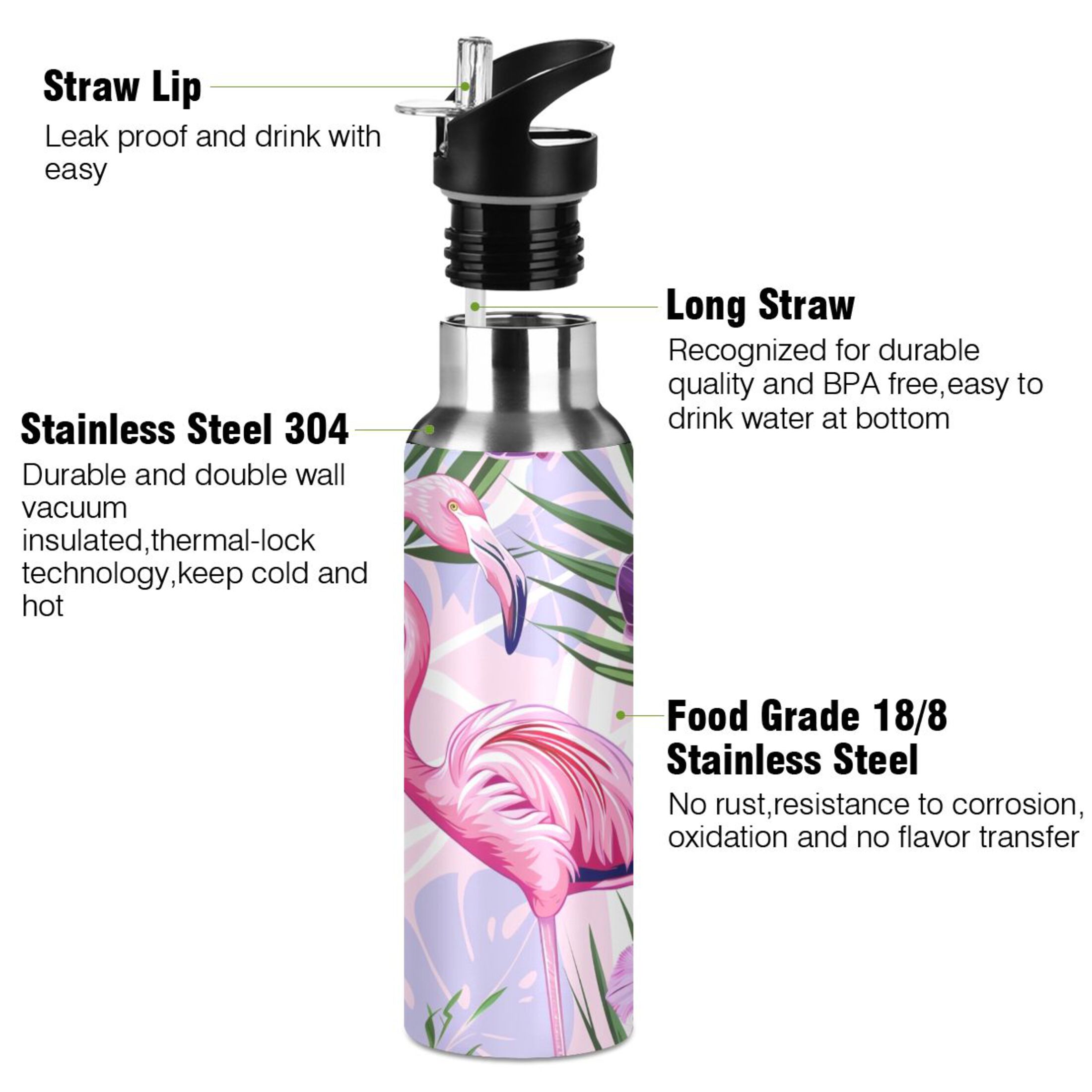 Flamingo in Flowers Water Bottles Insulated Thermos Kids Stainless Steel Bottle with Straw Lid Flask Leakproof for Sports Gym 20 oz