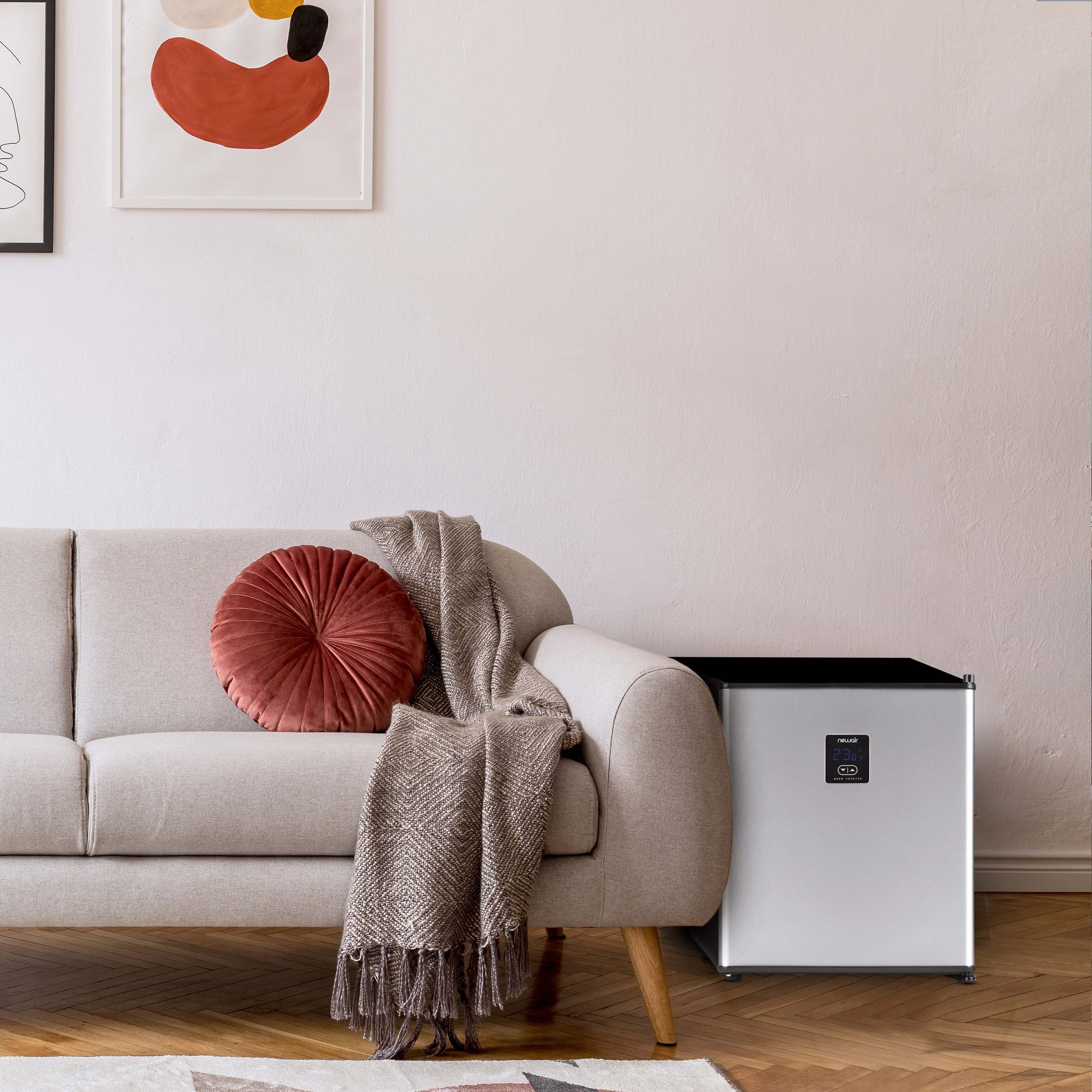 NewAir Froster 46 Can Freestanding Mini Beer Fridge in Stainless Steel with Frost-Free Glass Shelves, Chills Down to 23 Degrees