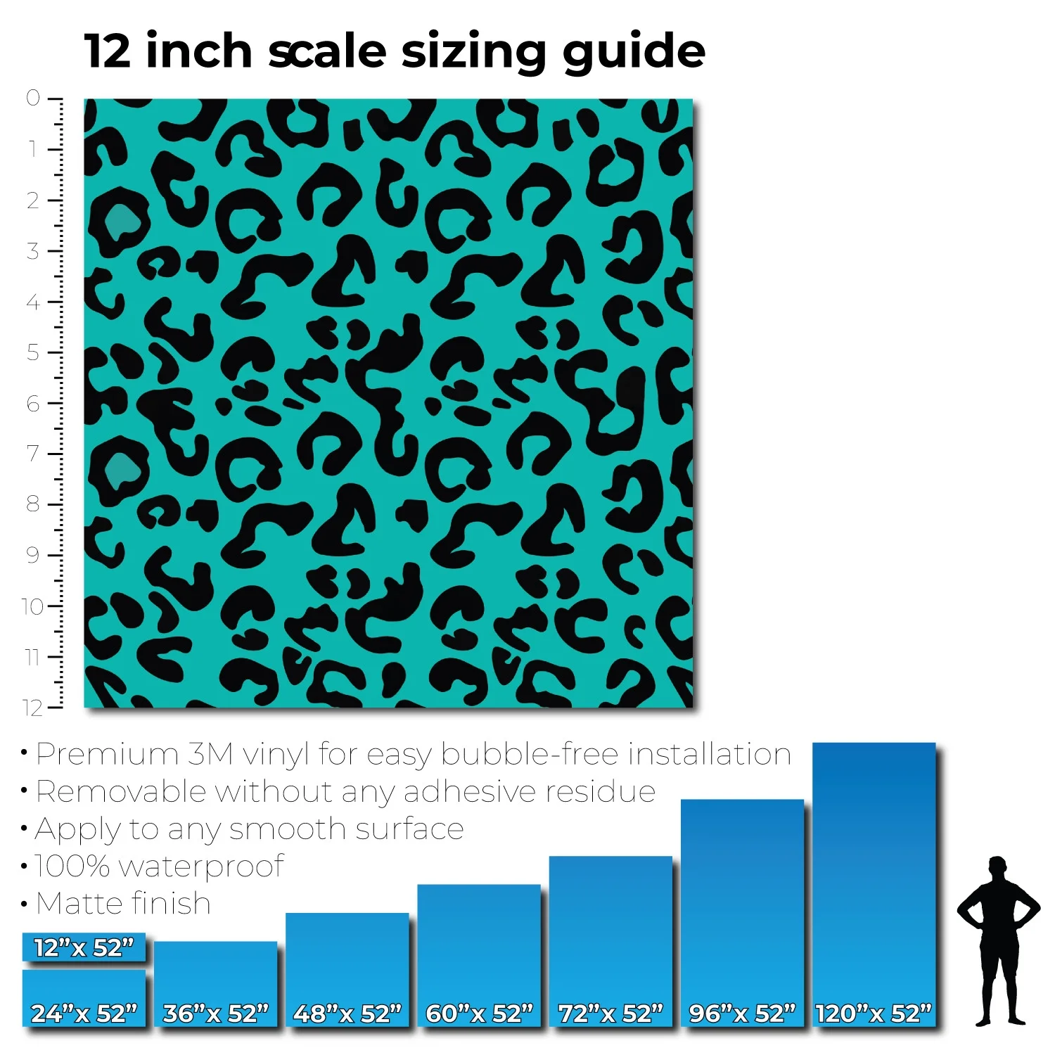 Teal Leopard 96” x 52” Vinyl Wrap Sheet for large or custom items | 3M wrap DIY to custom skin gear of all types and sizes, including vehicles, boats, appliances, furniture, atv’s, golf carts, bikes