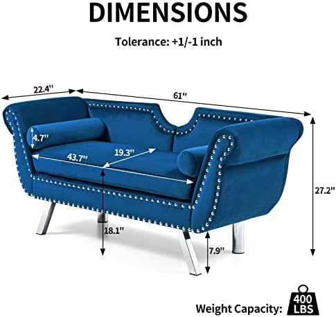 LLBIULife 61" Mid Century Modern Velvet Loveseat Sofa  Upholstered Loveseat Settee Accent Sofa for Bedroom  Living Room  Roll Arms Sofa with 2 Bolster Pillows  Small Couches for Small