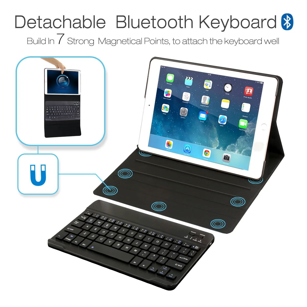 iPad Keyboard Case, Multi-Angle Viewing Fabric Folio Stand Cover Case with Removable Wireless Bluetooth Keyboard for Apple iPad Air 1 / iPad Air 2 / iPad Pro 9.7 Inch & iPad 9.7