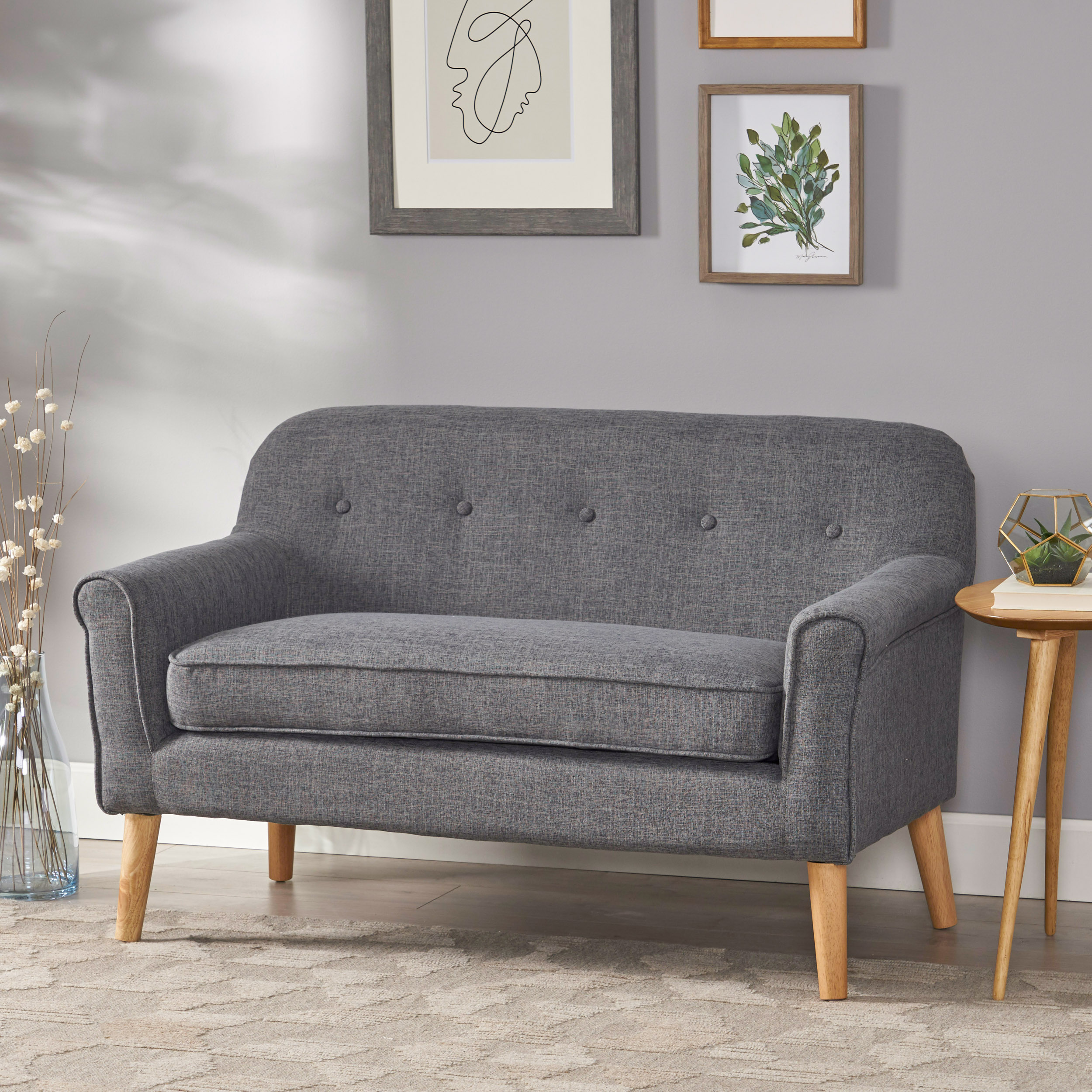 GDF Studio Halima Mid Century Modern Fabric Button Tufted Loveseat, Gray