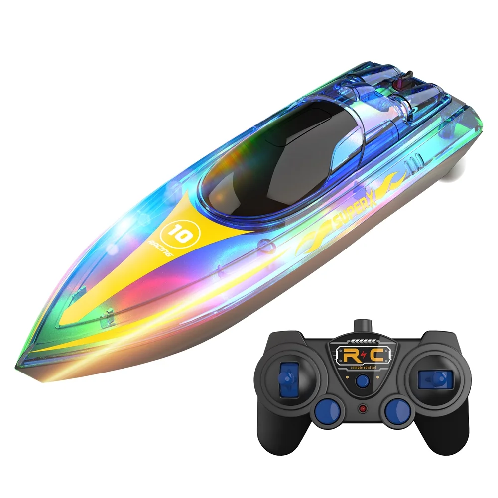 OWSOO 2.4GHz Remote Control Boat with Lights Electric Racing Boat Outdoor Pools Lakes Boat with Night Water Sensor Switch Low-Battery Reminder for Child Adults Gifts