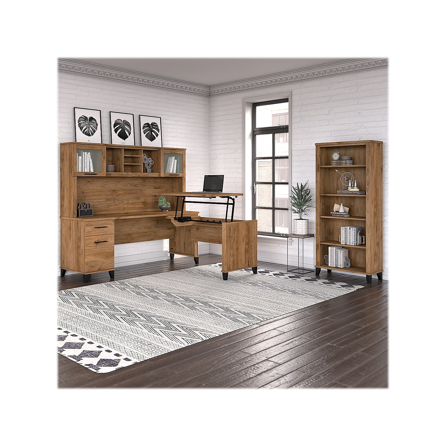 Somerset Sit to Stand L Desk Set with Bookcase in Fresh Walnut - Engineered Wood