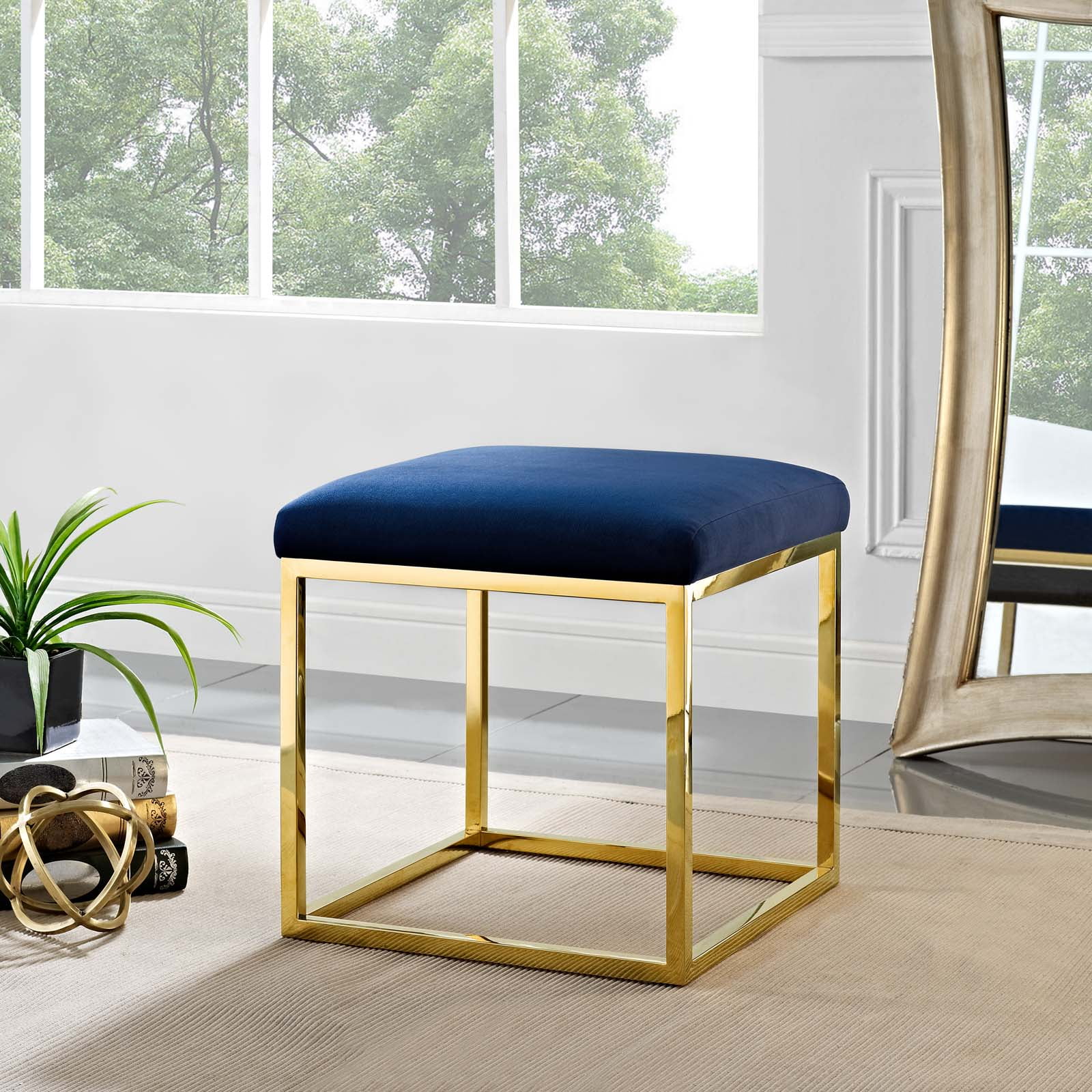 Modern Deco Contemporary Urban Design Living Room Lounge Club Lobby Accent Chair Ottoman, Velvet Fabric Metal Steel, Gold Navy