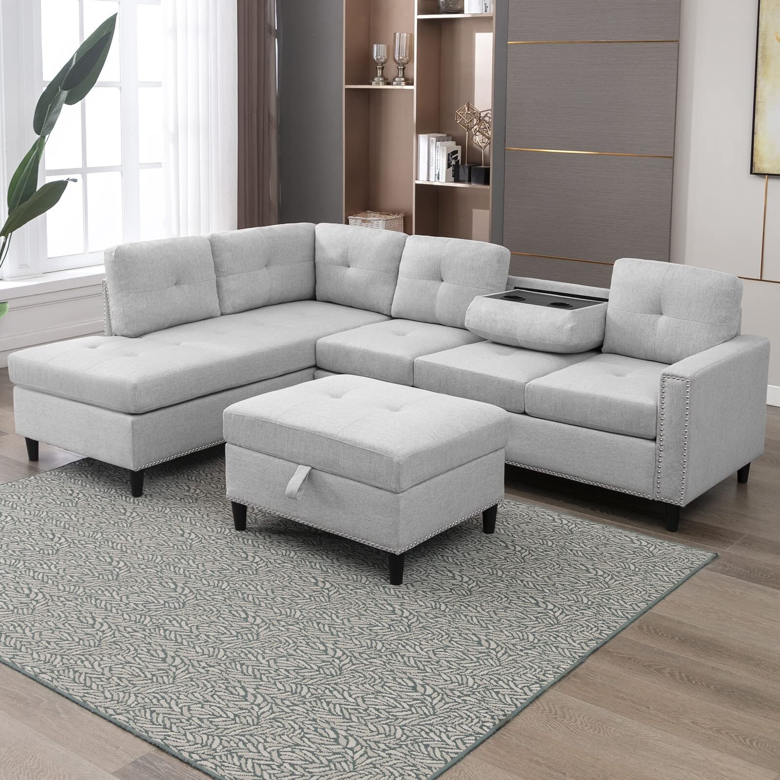 Mixoy L-Shaped Sectional Sofa with 2 Cup Holders,Storage Ottoman Light Grey