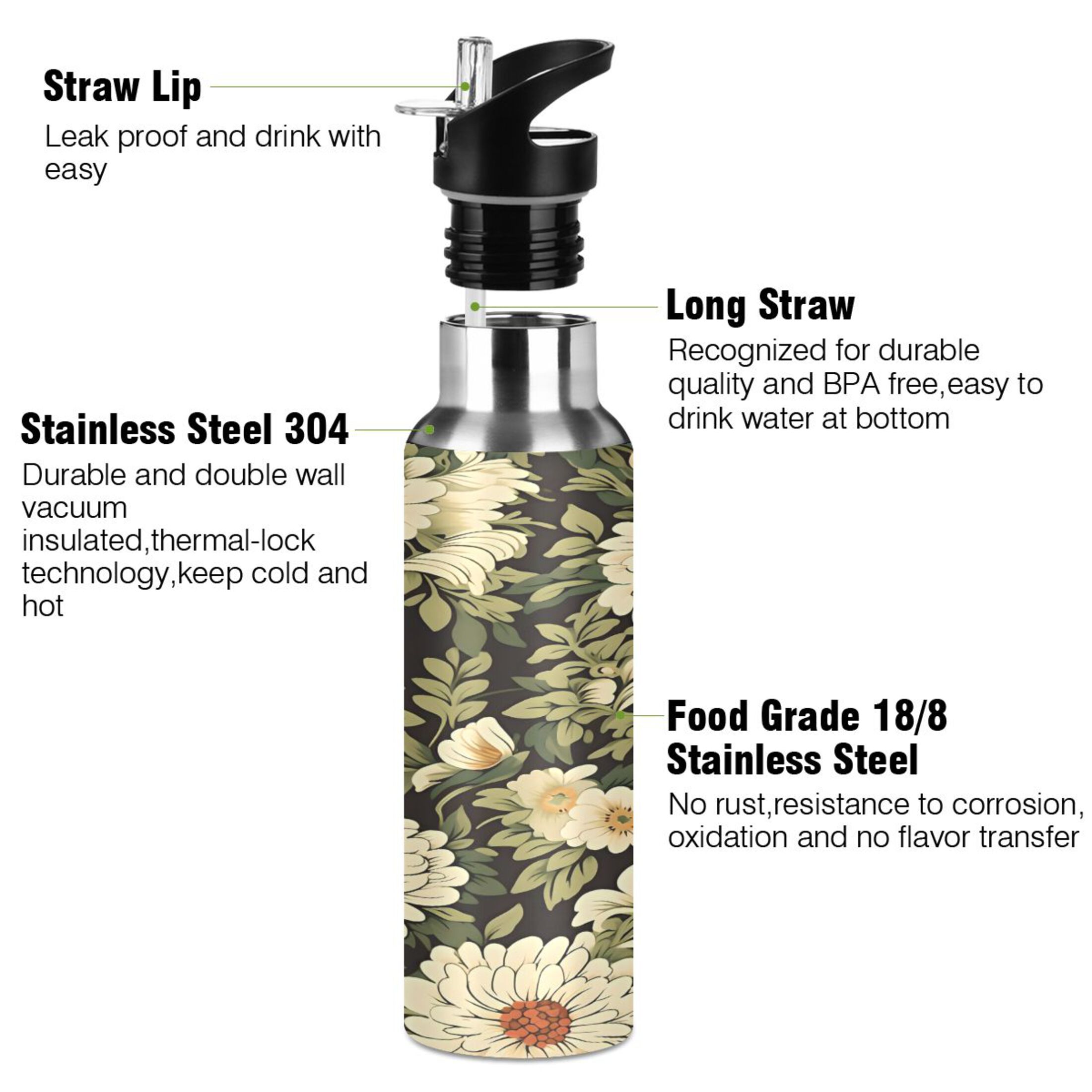Water Bottle with Straw Lid Leak Sunflowers Green Leaves Stainless Steel Insulated Thermos Vacuum Flask for Cold Hot Drinking for Sports Camping Gym Yoga