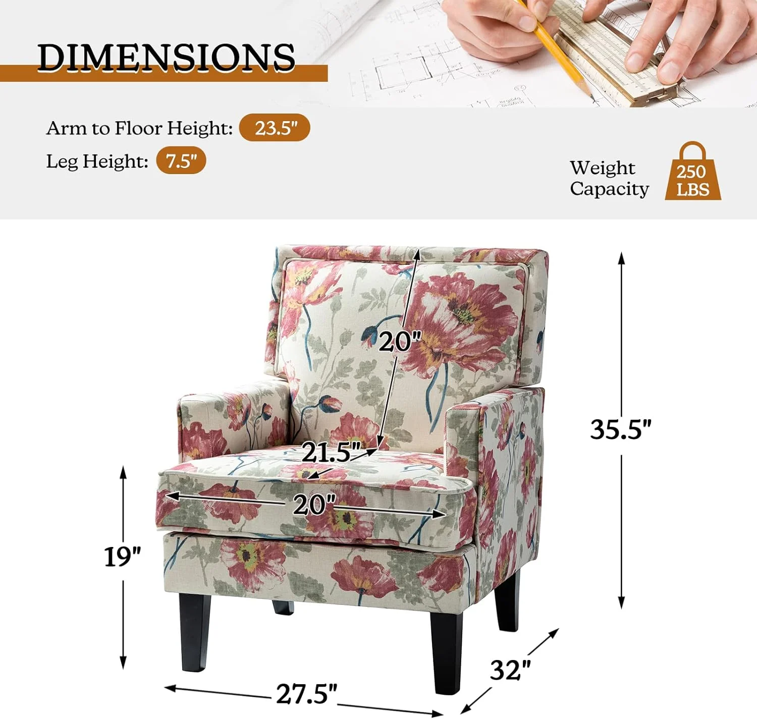 Century Accent Chair With Arms And Rubber Wood Legs, Comfy Upholstered Armchair Removable Cushion, Modern Fabric Club Chair For Living Room, Reading Room (Red Floral)