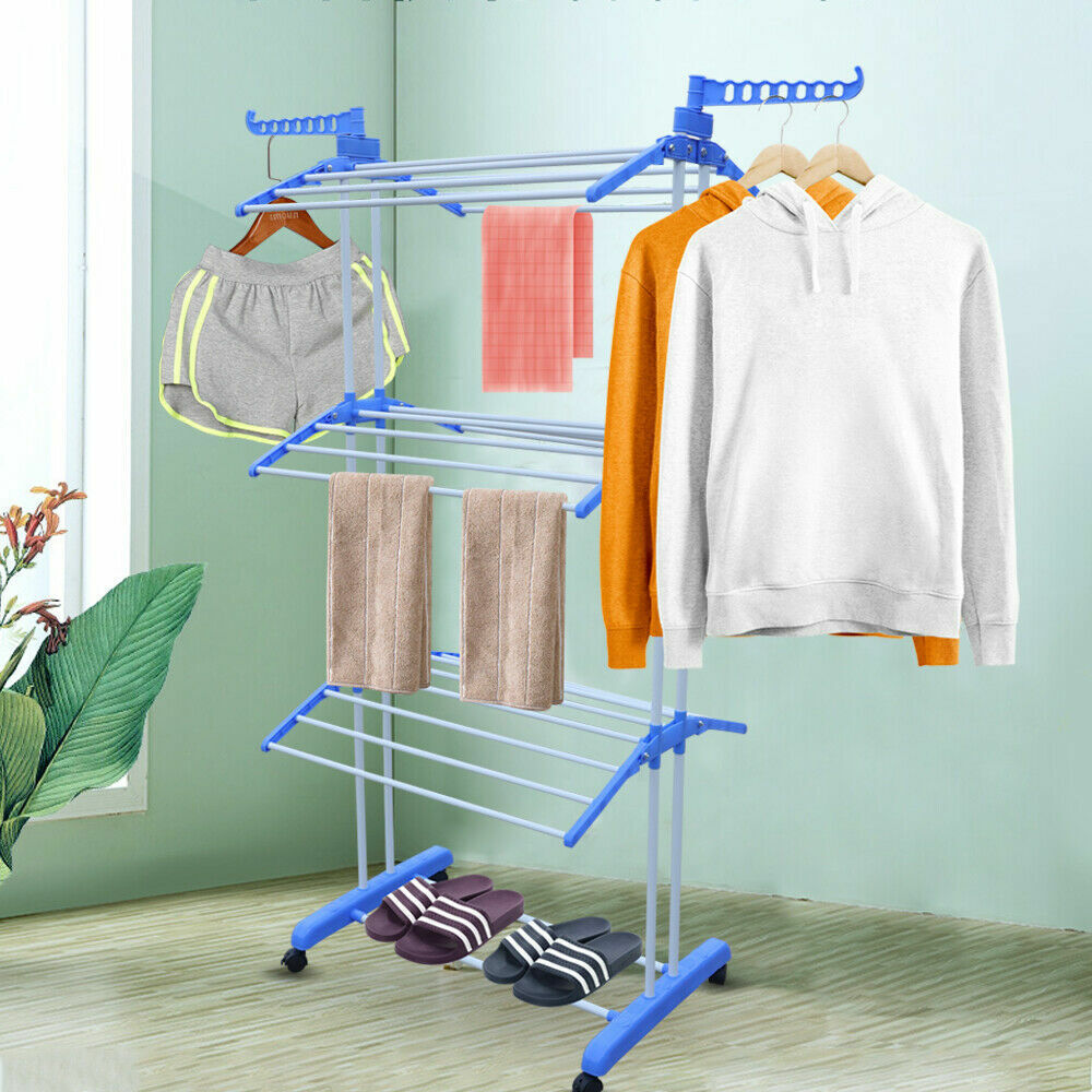 Anqidi 3 Tier Folding Drying Rack, Portable Laundry Organizer Clothes Dryer Towel Hanger Rolling Collapsible Garment Stand