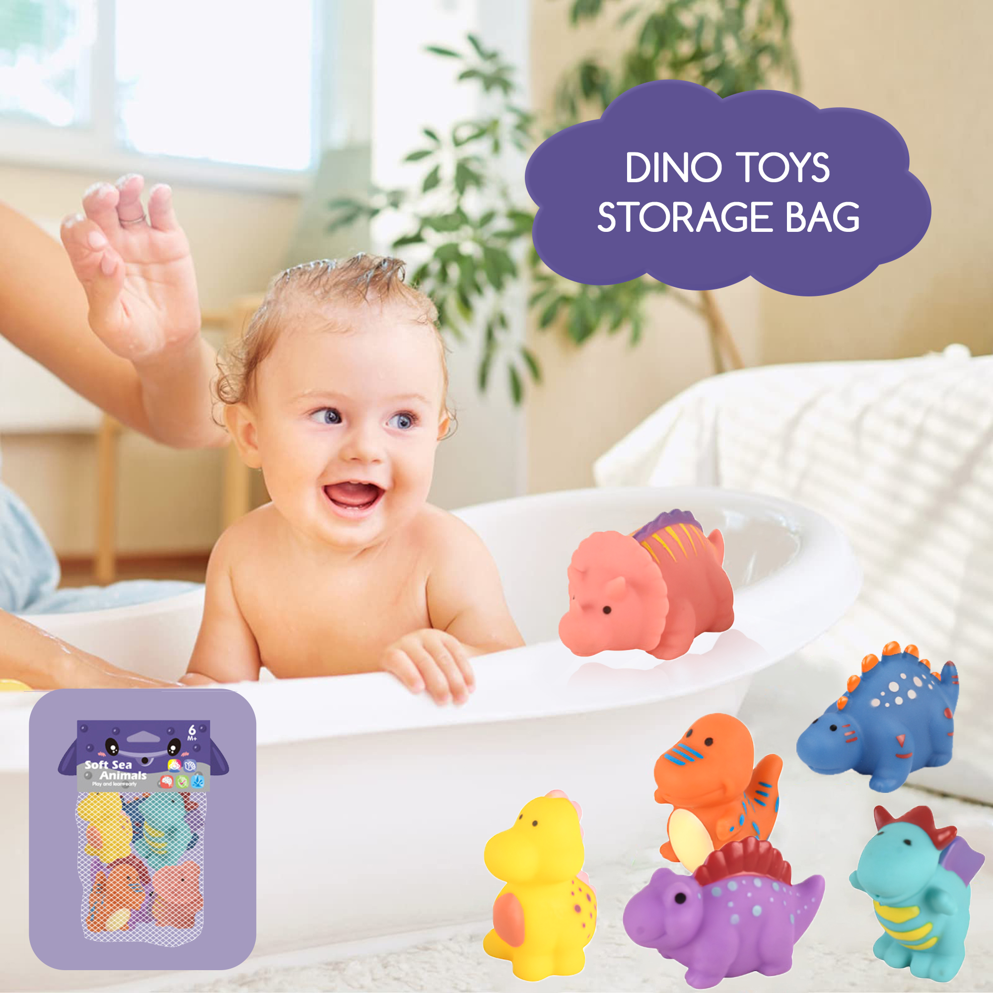 Aufitker Dinosaur Toy Bath Toys for Baby Toddlers, 6 Pack Bathtub Toy Set for Boys Girls