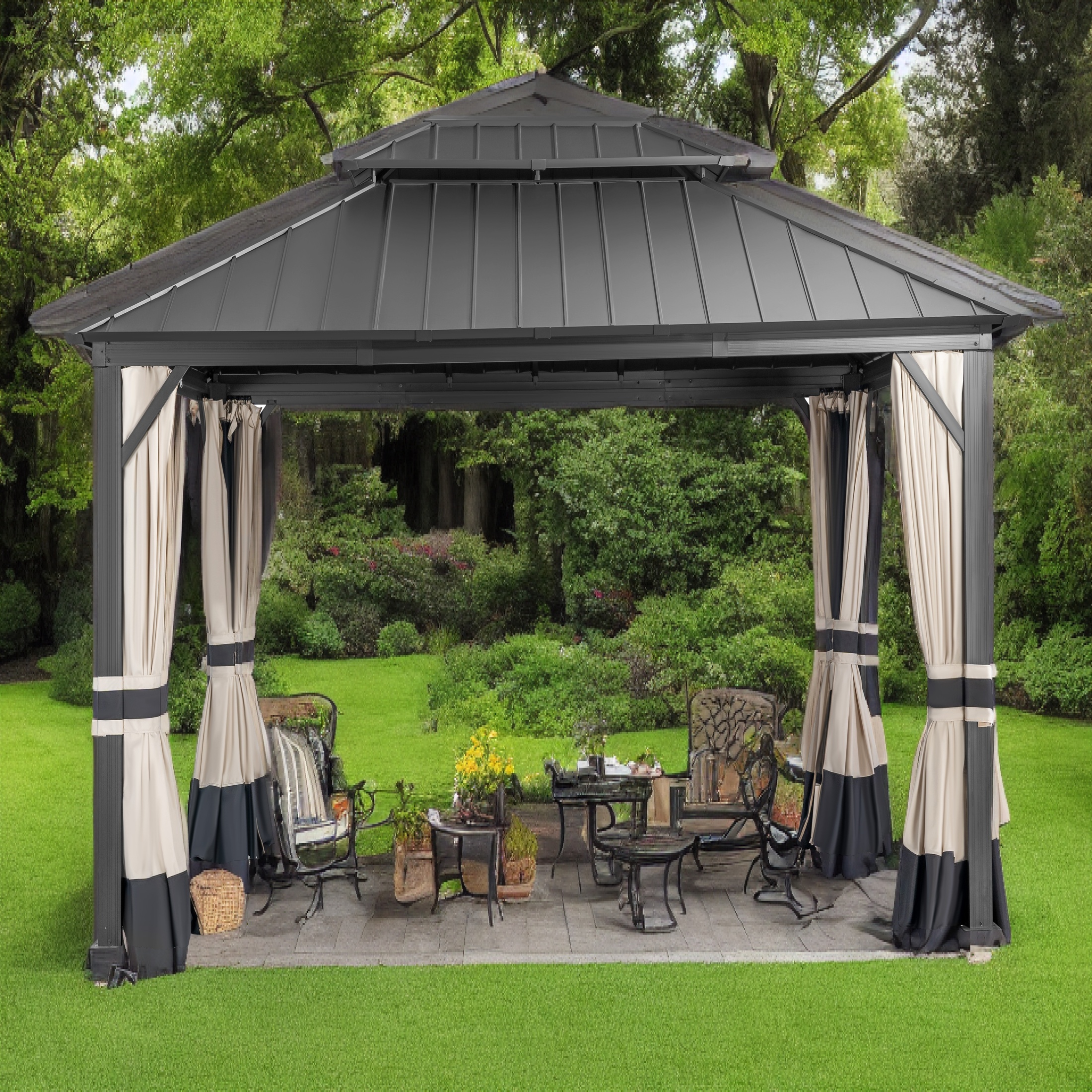 14x12ft Double Galvanized Steel Hard Top Wooden Decal frame All-Weather Outdoor Gazebo Metal Frame Features Ventilation, Netting, and Curtains - Ideal for Patios, BBQ, Hot Tub, Gardens, and Lawns