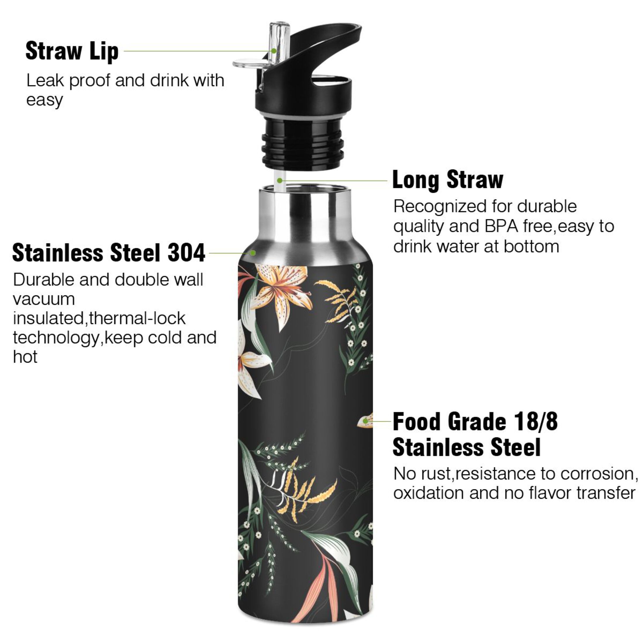 Water Bottle with Straw Lid Leak Flower Black Stainless Steel Insulated Thermos Vacuum Flask for Cold Hot Drinking for Sports Camping Gym Yoga