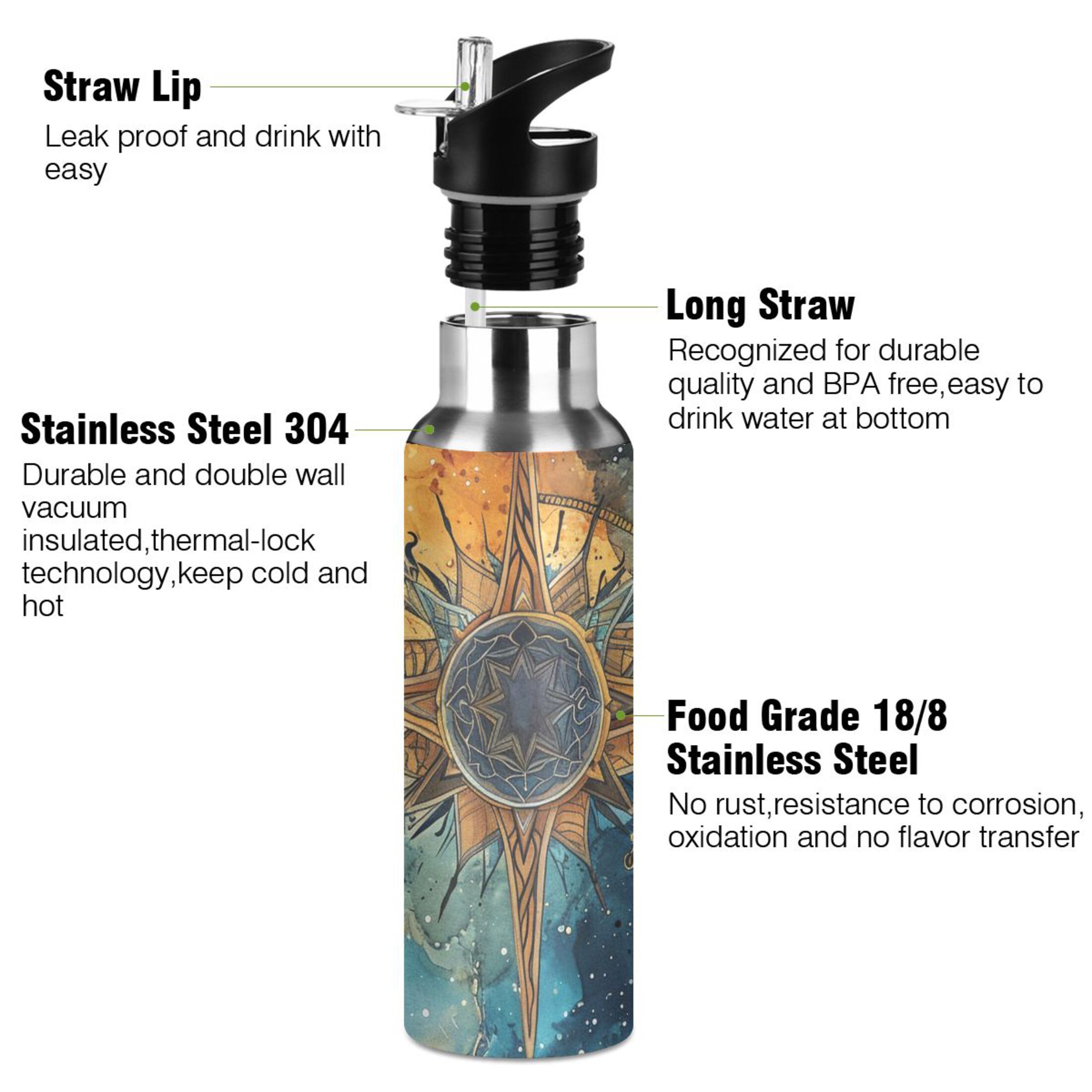 Bohomia with Marble Water Bottles Insulated Thermos Kids Stainless Steel Bottle with Straw Lid Flask Leakproof for Sports Gym 20 oz