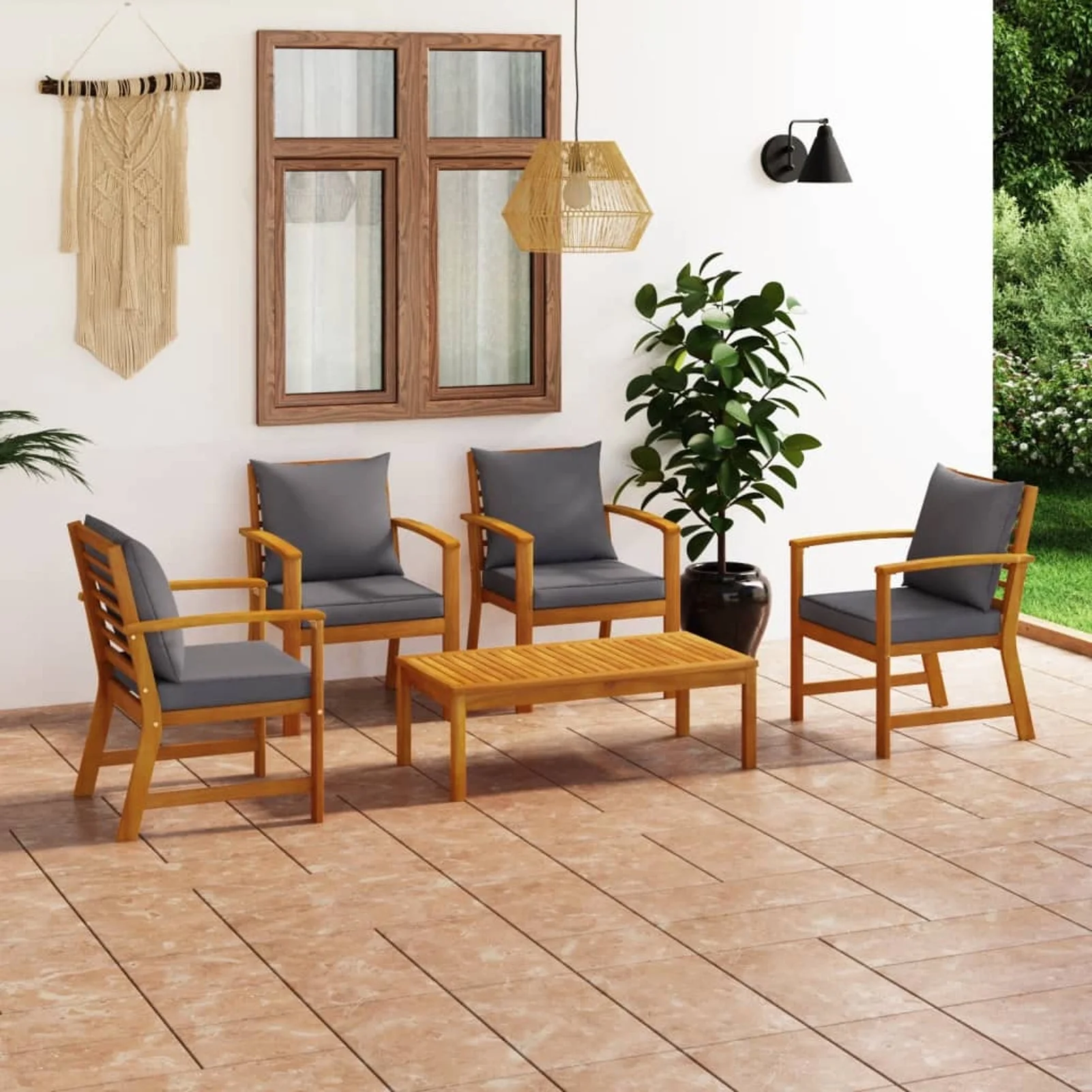 Anself 5 Piece Garden Set with Cushion Solid Acacia Wood