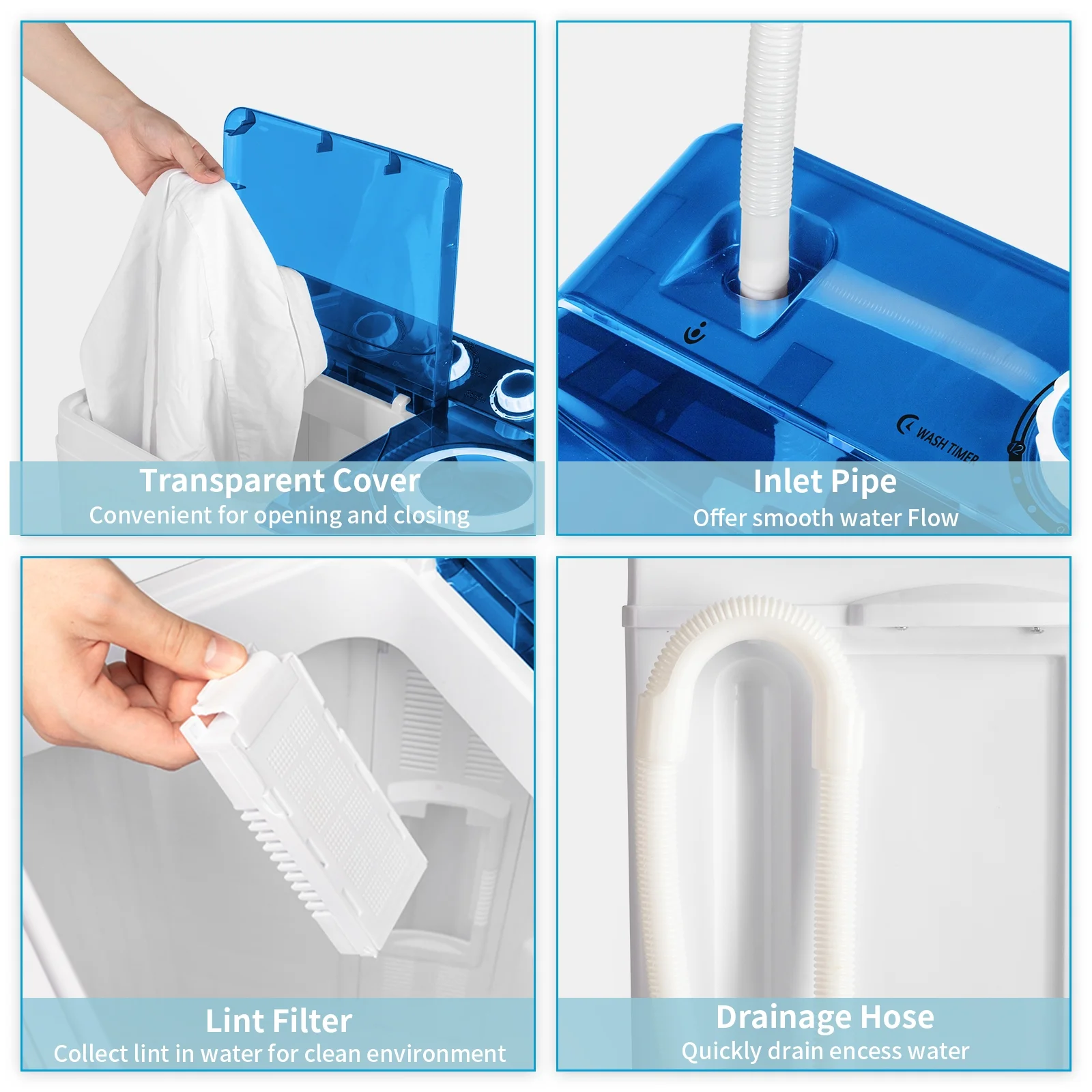 Twin Tub with Built-in Drain Pump XPB65-2288S 26Lbs Semi-automatic Twin Tube Washing Machine for Apartment, Dorms, RVs, Camping and More, White&Blue US Standard