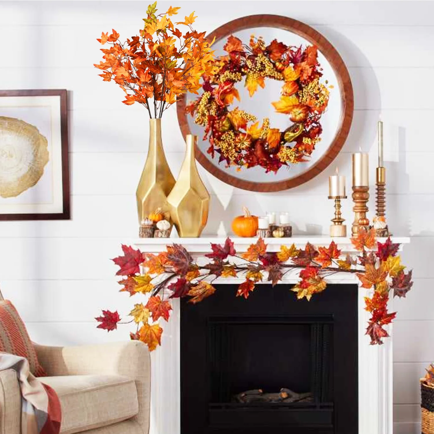 Coolmade 4Pcs Artificial Maple Leaves Branches 23in Fake Fall Leaves Stems Plants Outdoor Greenery for Home Kitchen Farmhouse Thanksgiving Table Centerpiece Fireplace Halloween Décor Orange