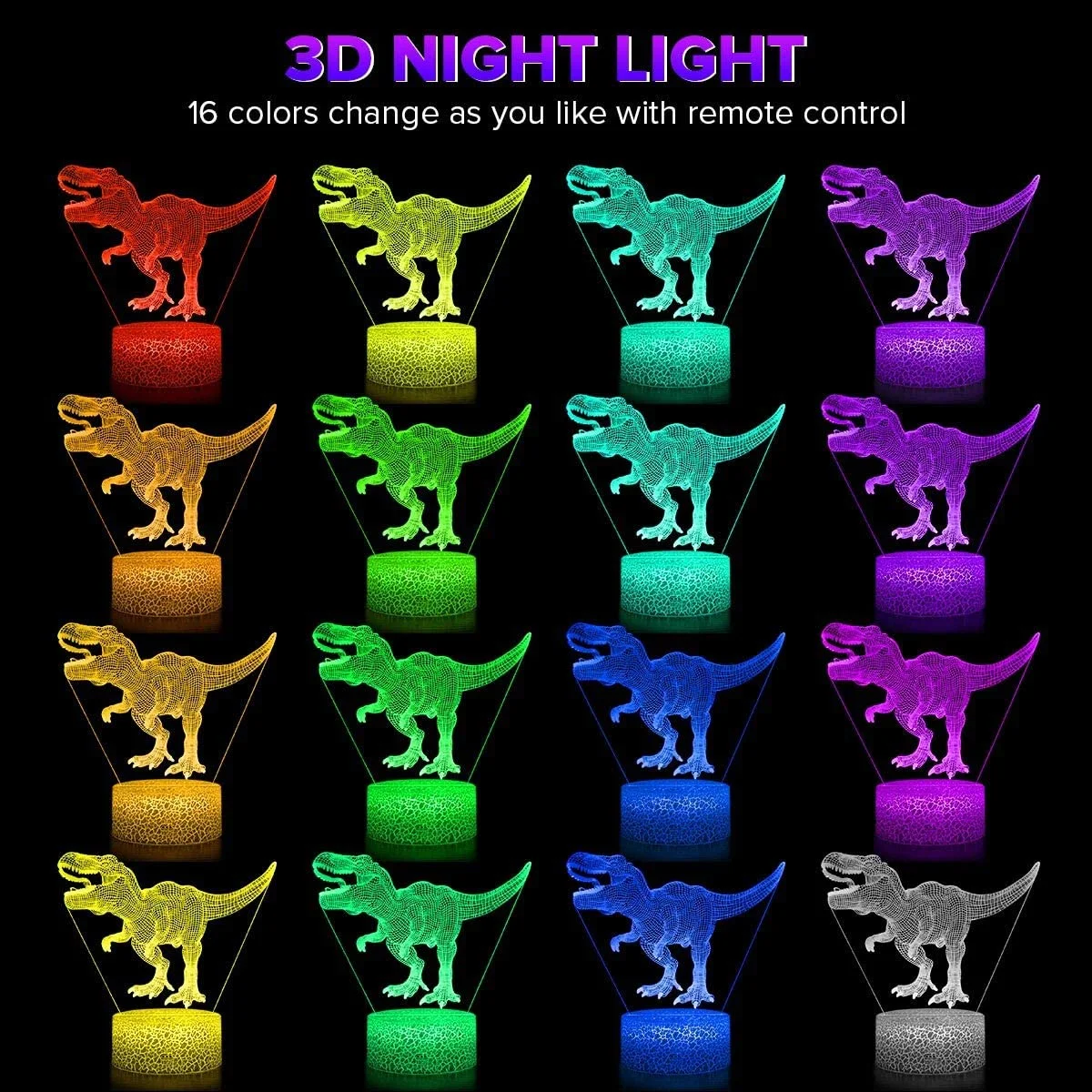 OUSITAID Dinosaur Toys, 3D Dinosaur Night Light with Remote & Smart Touch 7 Colors + 16 Colors Changing Dimmable T Rex 3D Night Light Birthday Gifts for Boys Kids Age 2-6+ Year Old Boy