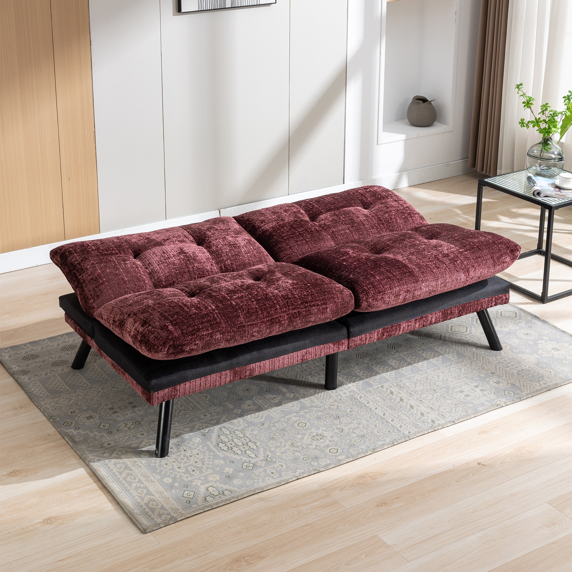 Wine Red Chenille Convertible Futon Sofa Bed with Three Adjustable Positions
