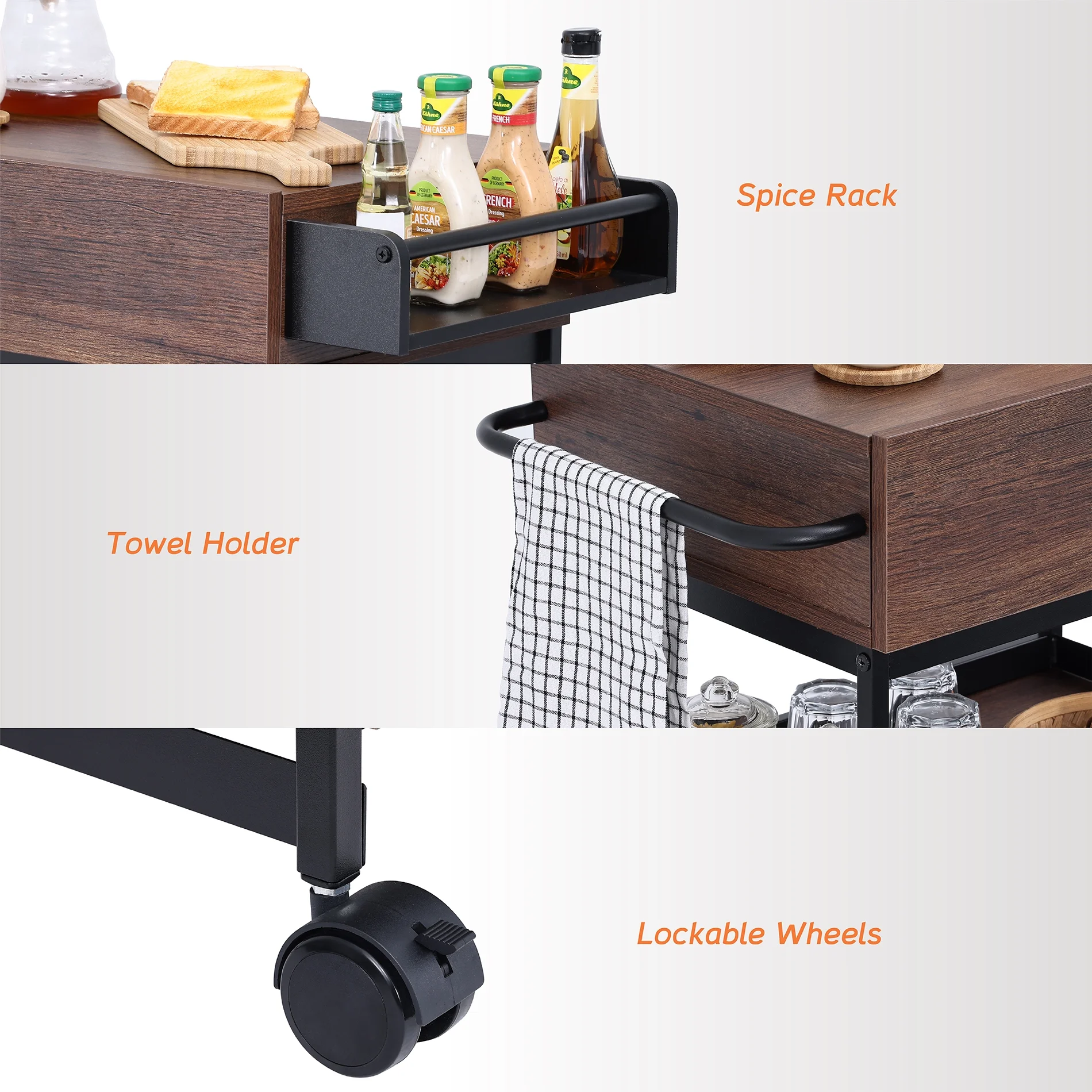 WAMPAT Rolling Kitchen Island with Storage Cabinet，Trolley Cart with Open Shelf for Home Kitchen