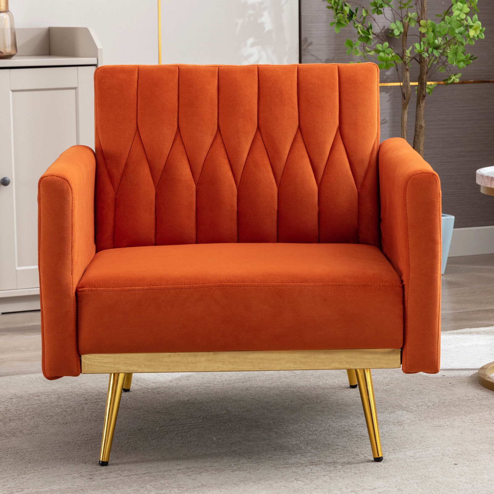TTGIEET Velvet Accent Chair with Ottoman, Modern Upholstered Tufted Armchair, Comfy Single Sofa Chair Side Chair with Golden Metal Legs& Adjustable Arms for Living Reading Room Bedroom Office (Orange)