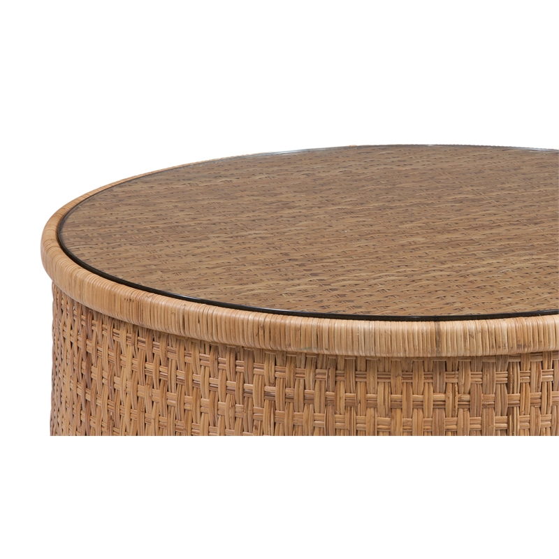 Bassett Mirror Clary Round Rattan & Glass Cocktail Table in Natural Brown Finish