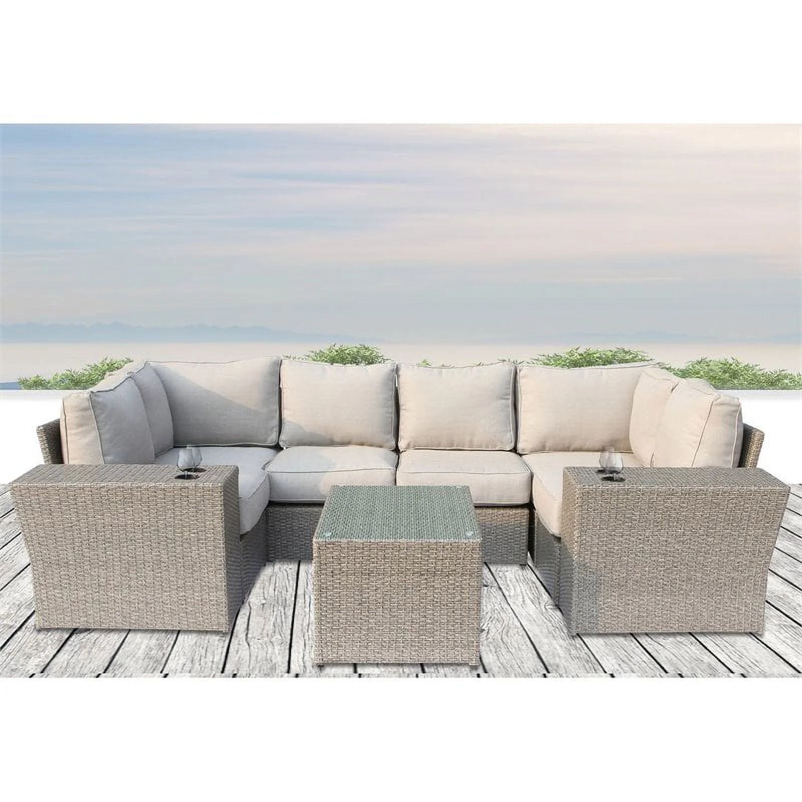 Living Source International 9-Piece Wicker Sectional Set with Cushion in Beige