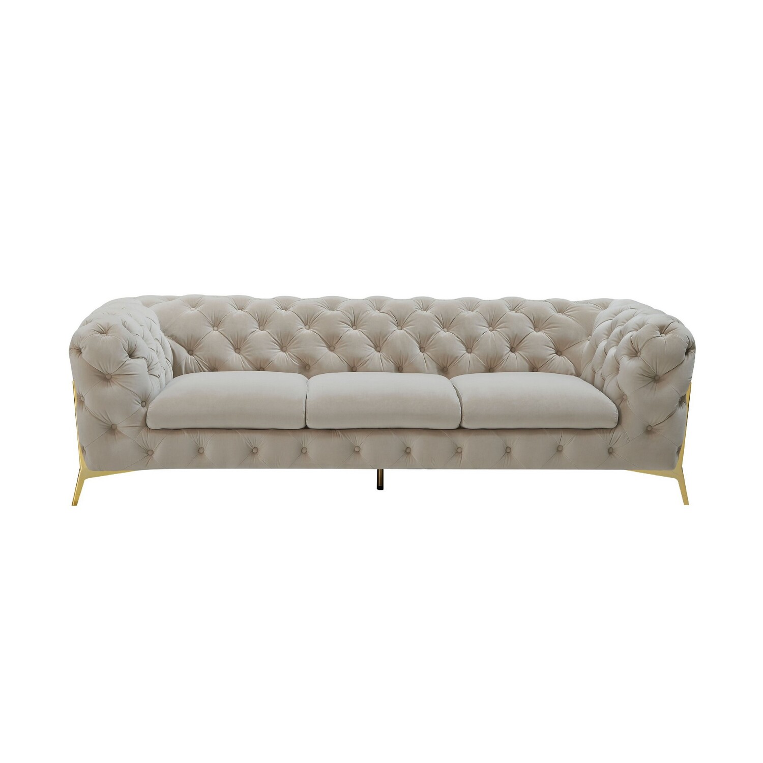 Benjara Reno Joni 97 Inch Modern Sofa, Chesterfield, Velour Fabric, Beige, Gold