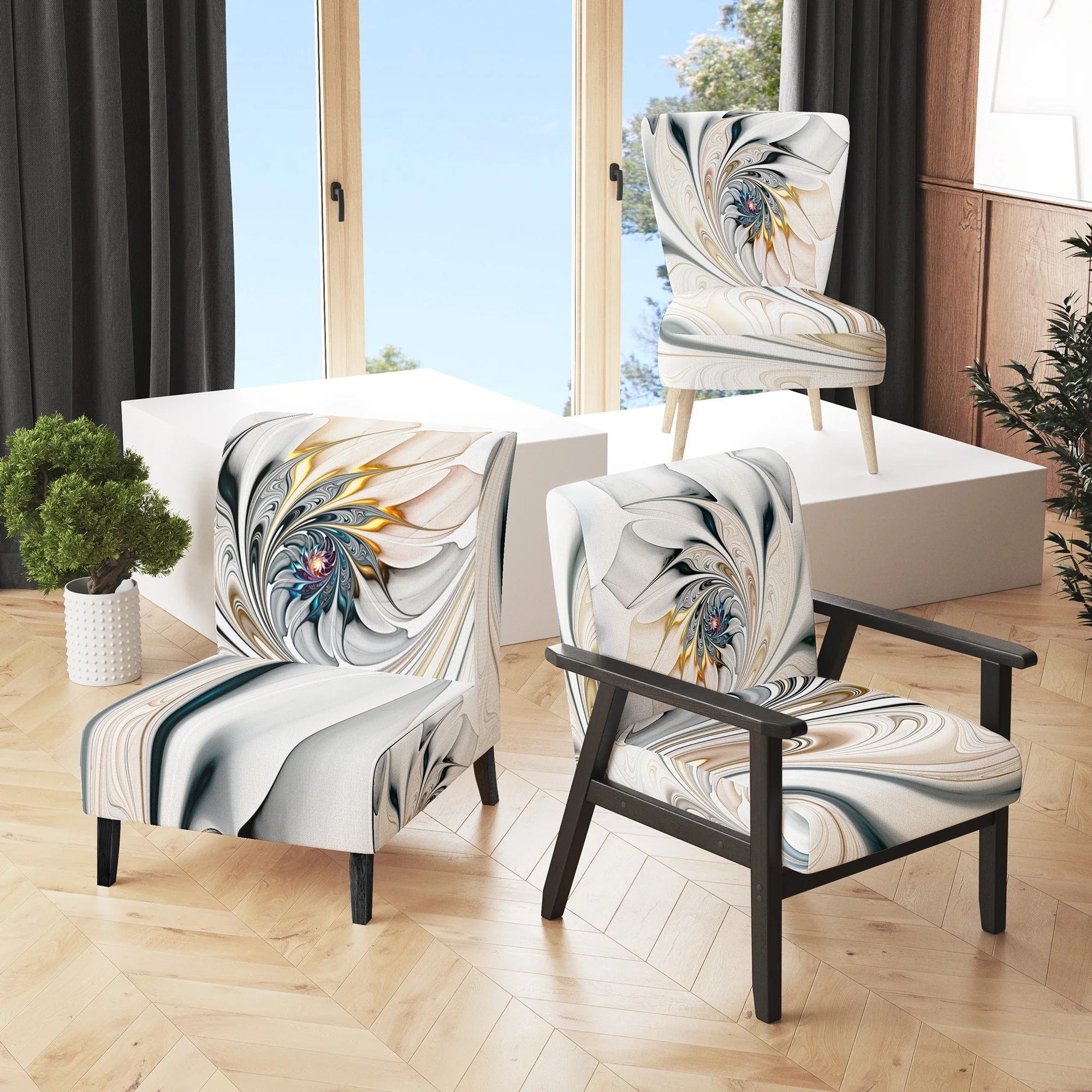 Designart 'White Stained Glass Floral' Upholstered Floral Accent Chair