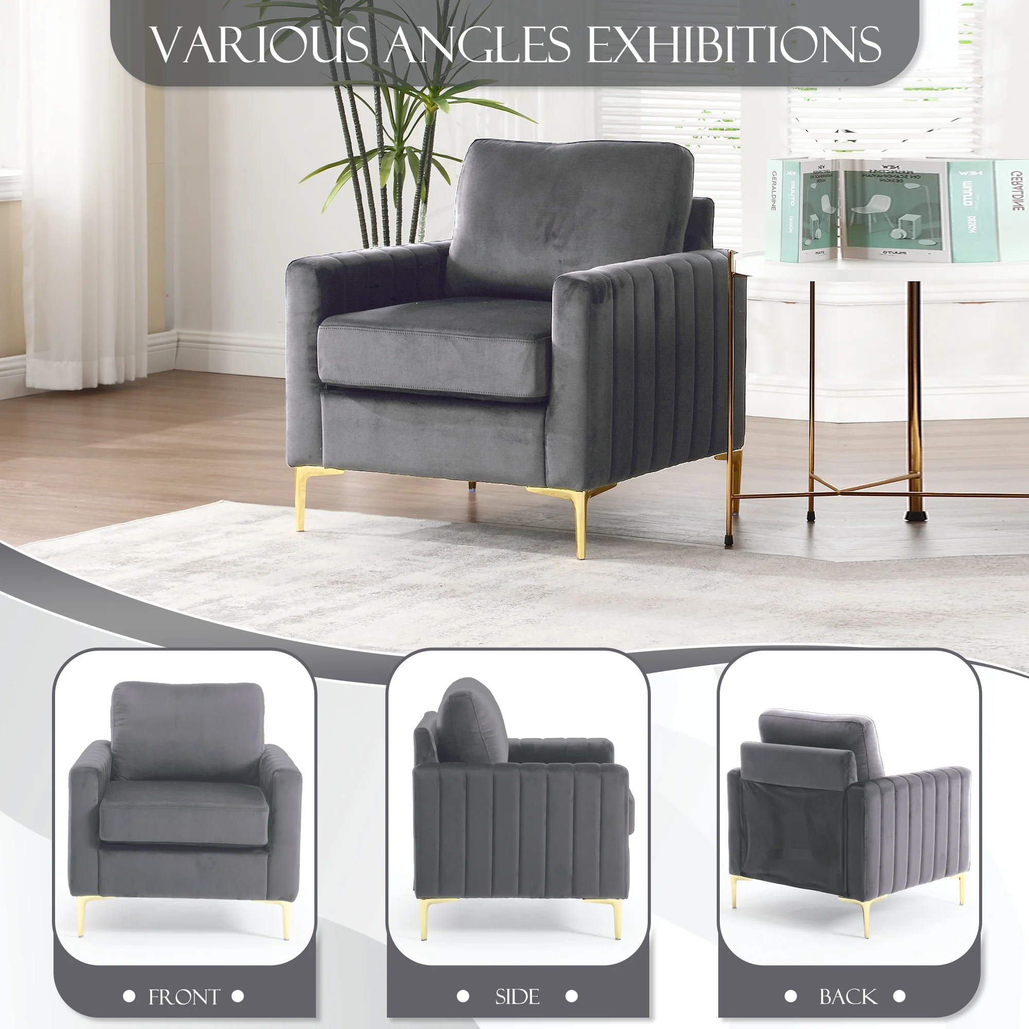 Muumblus Modern Velvet Accent Chair, Adult Upholstered Single Sofa Chair Club Arm Chair for Living Room, Comfy Armchair with Metal Legs, Tufted Chair for Reading, Gray