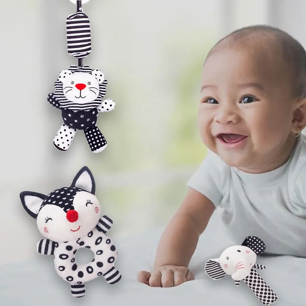 SHELLTON Baby Rattles Toy for Newborns, Black and White Baby Toys 0-3 Months, High Contrast Infant Toys Plush Stuffed Animal Rattle, Early Developmental Toy for 0 3 6 9 12 Months Baby (3PCS)