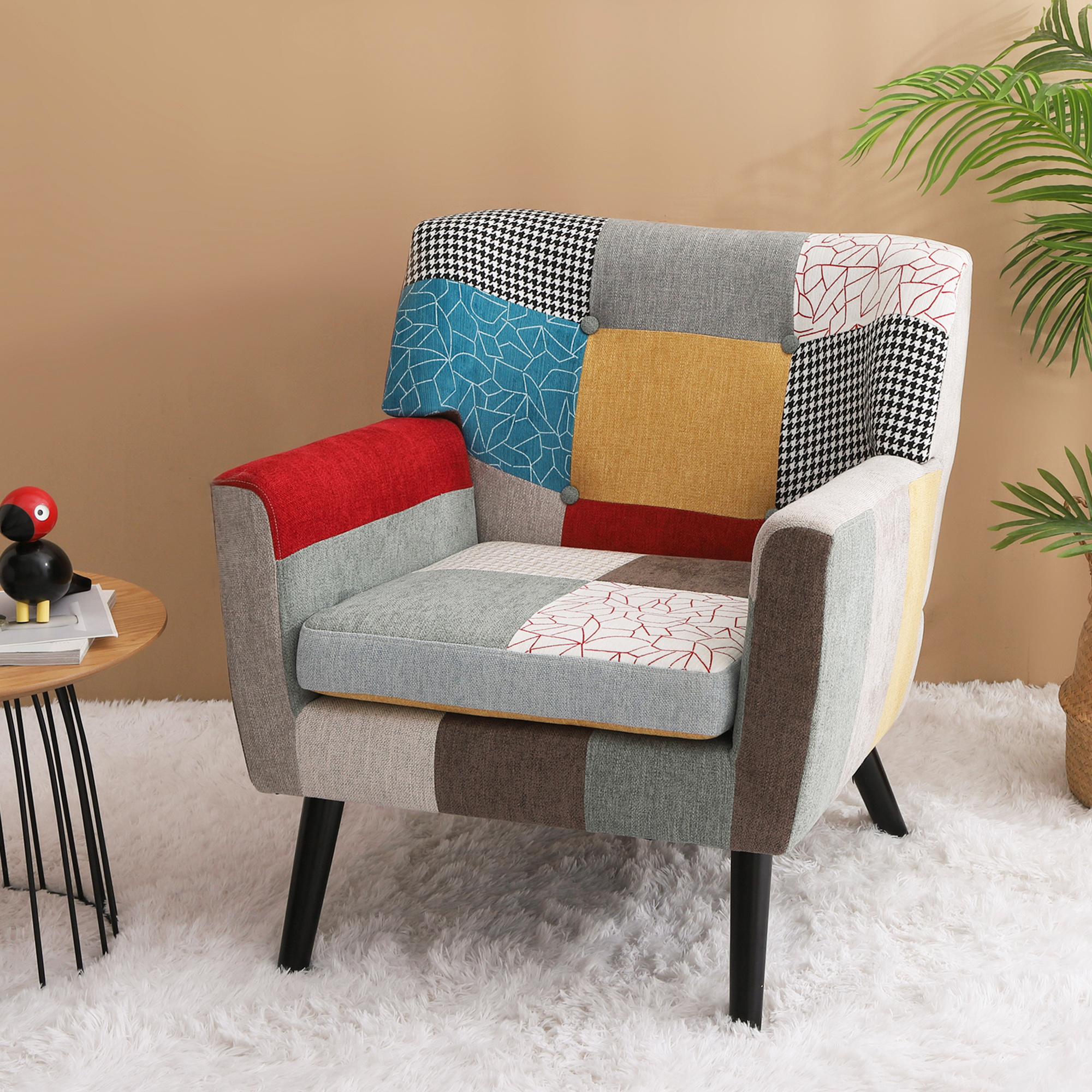 LANTRO JS Patchwork Accent Chair, Mid Century Modern Fabric Club Chair for Bedroom Comfy, Colourful Single Sofa Chair for Livingroom, Bedroom, Office, Study and Reading Room
