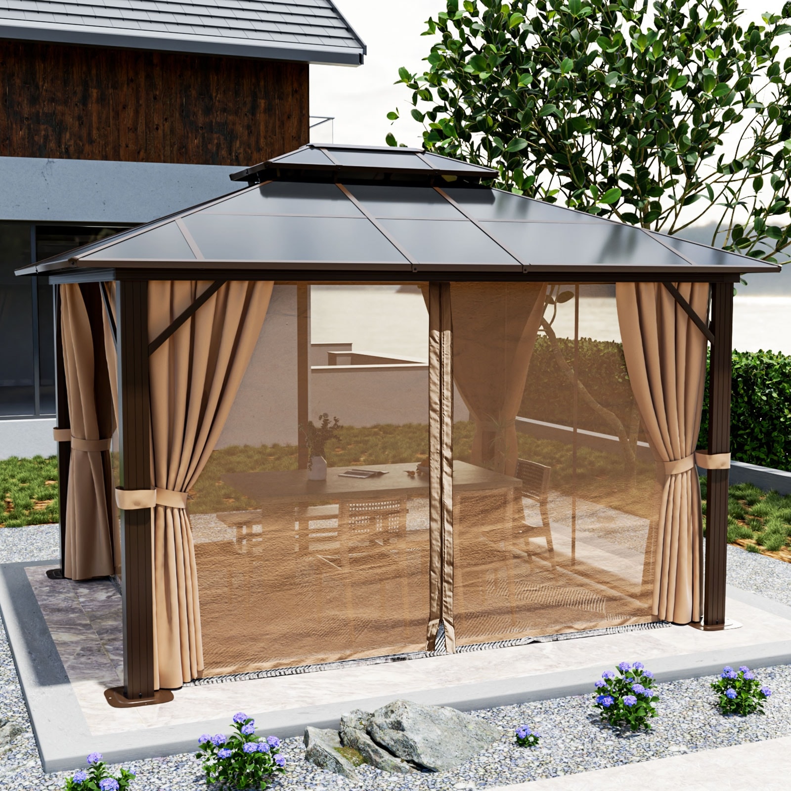 10'x12' Hardtop Gazebo with Double Roof Brown-10'x12'
