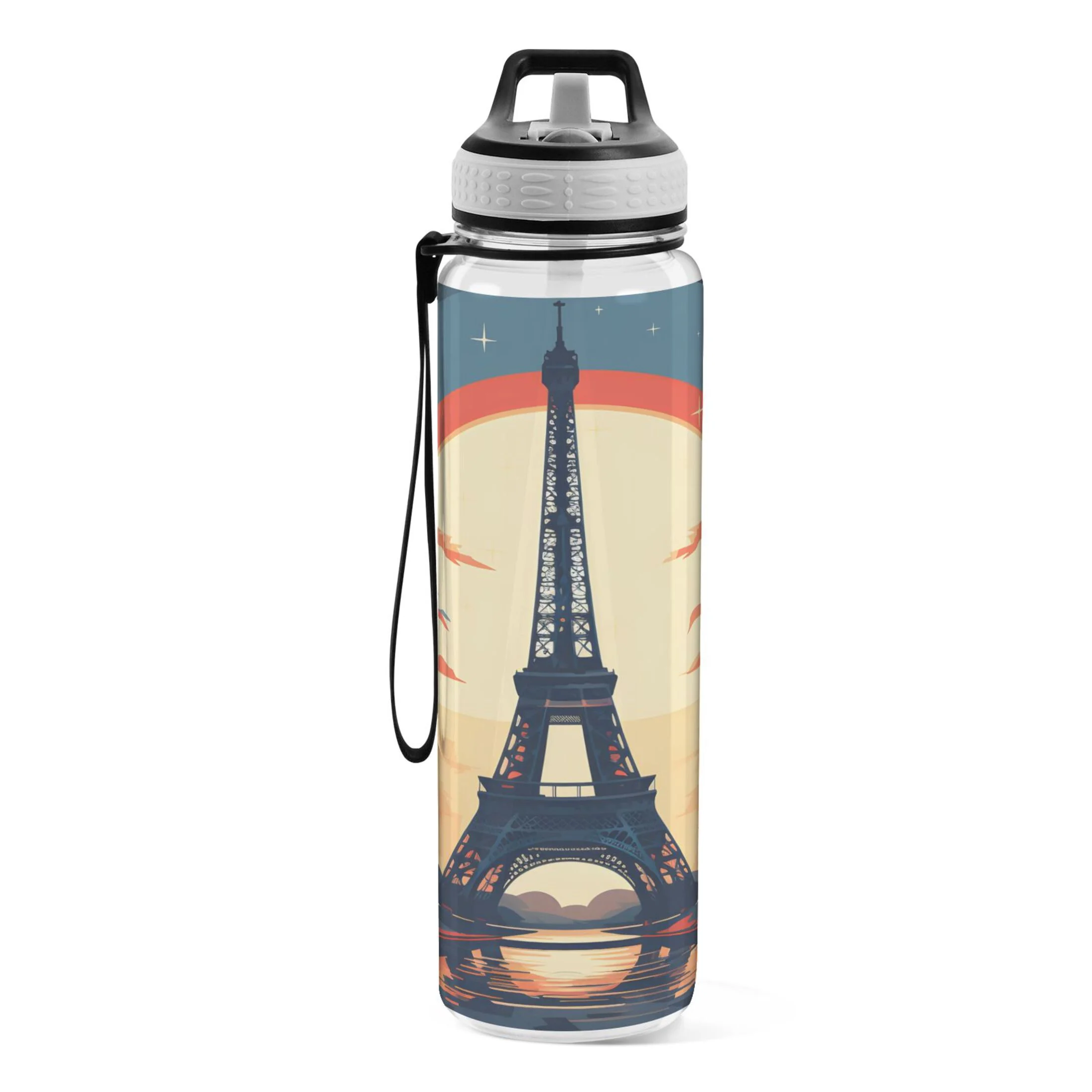 Iron Tower with Sunset 32oz Sports Water Bottles Leakproof Tritan Bottle with Straw BPA Free Clear Bottle for Fitness Gym Outdoor Cycling