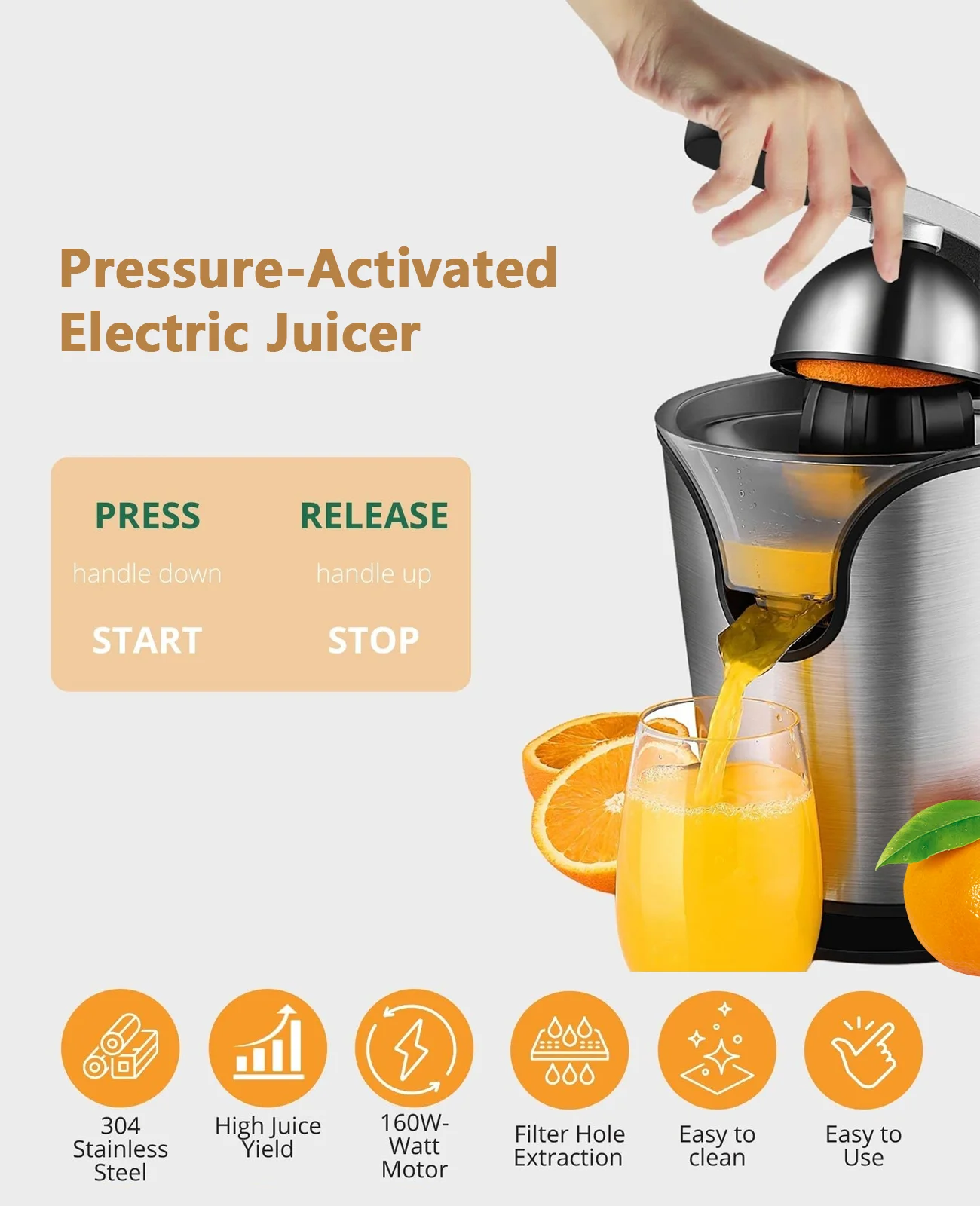 Press Type Electric Citrus Juicer - Citrus Squeezer for Oranges Lemons