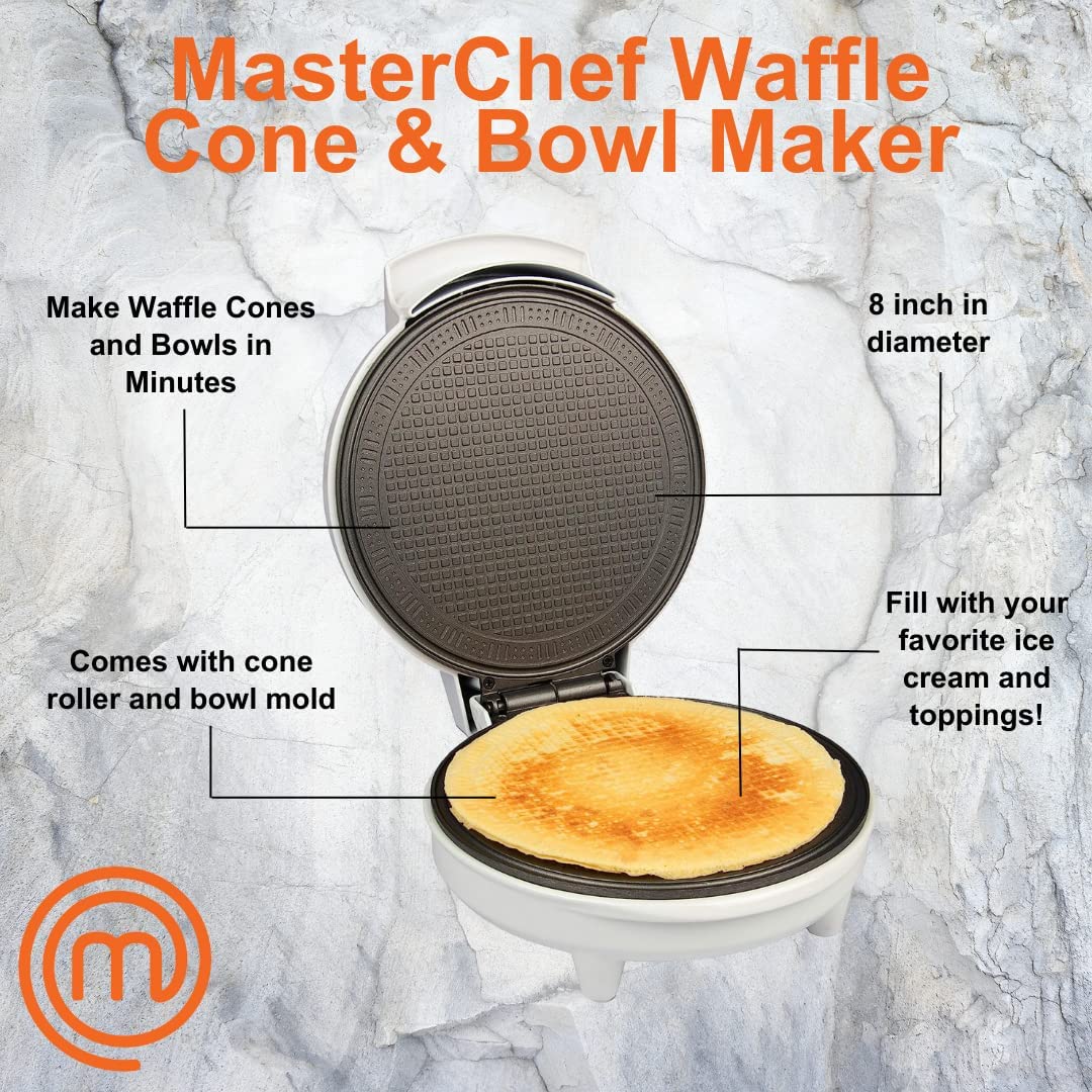 MasterChef Waffle Cone and Bowl Maker- Includes Shaper Roller and Bowl Press- Homemade Ice Cream Cone Baking Iron Machine