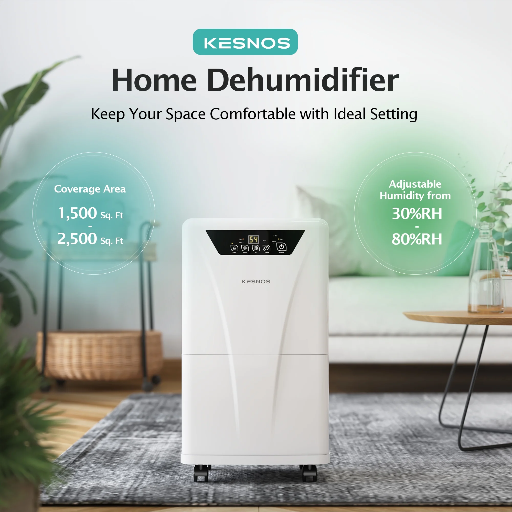 Kesnos 34 Pints Dehumidifier for Basements, Home Dehumidifier with Drain Hose For 2500 Sq. ft Room, Water Tank, Timer, Auto Defrost, Ideal for Large and Medium Sized Rooms, Bedrooms, Laundry Rooms
