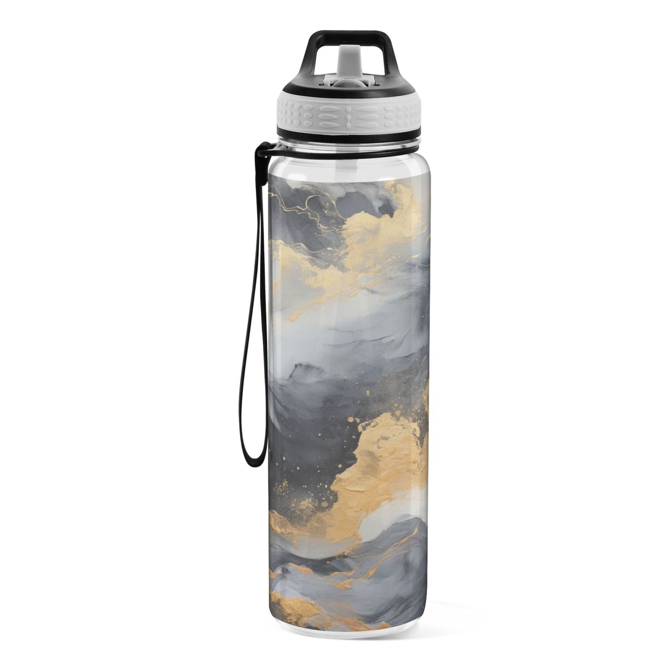 Marble with Golden Black 32oz Water Bottles with Straw Tritan Leakproof Sports Bottle BPA Free Clear for Fitness Gym Swimming Cycling