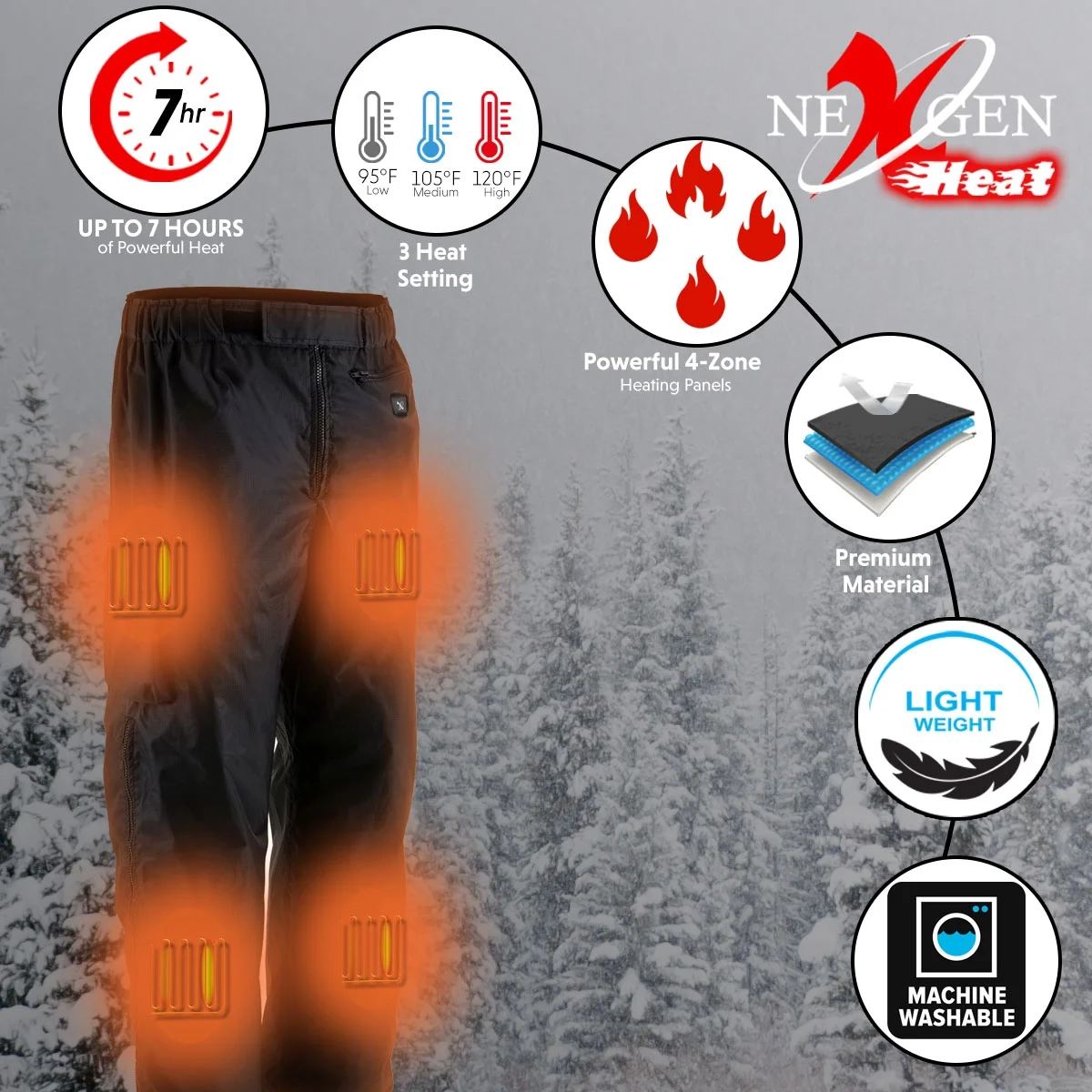 NexGen Heat MPM5715SET Men Black Winter Thermal Heated Pants for Ski and Riding w/ Rechargable Battery Pack X-Small