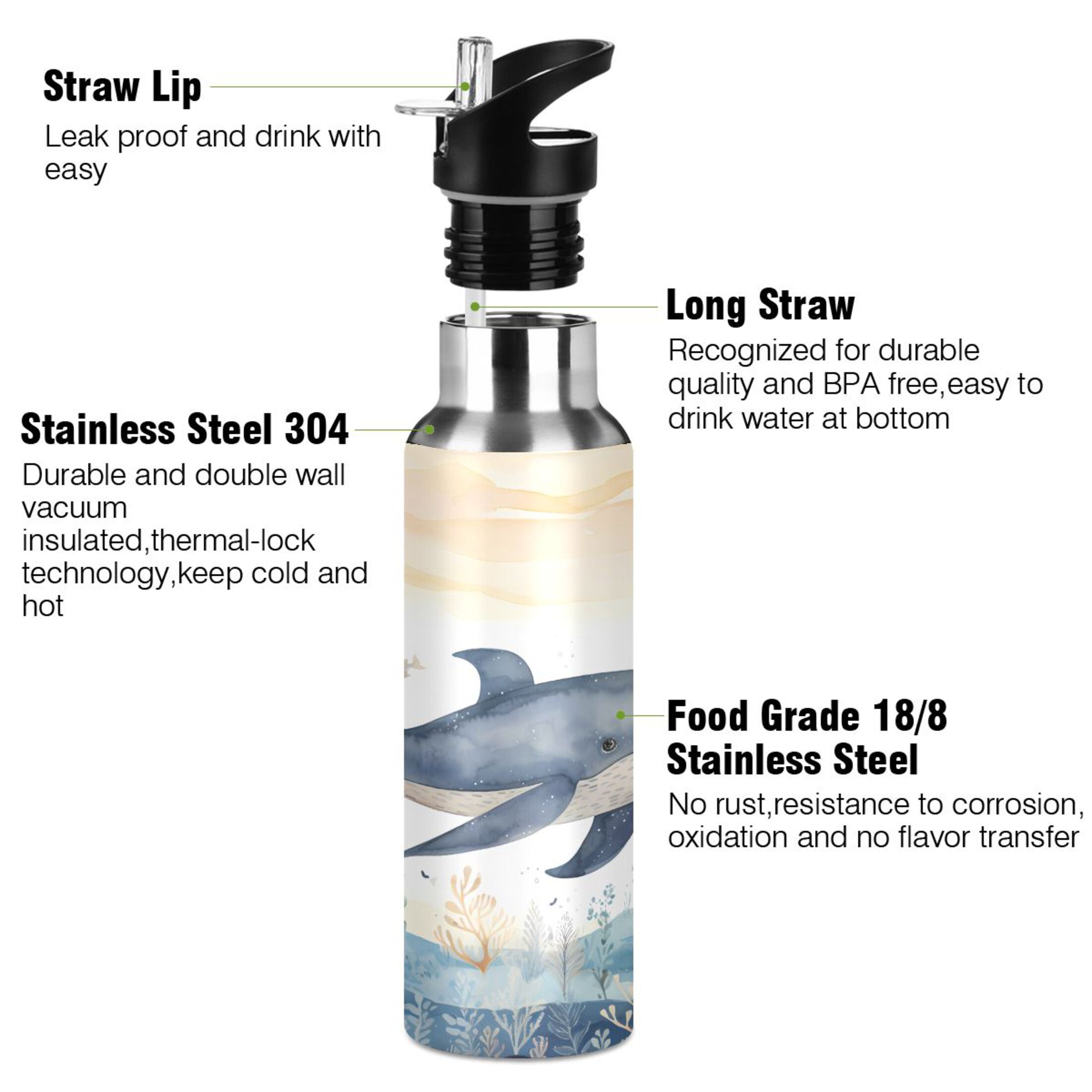 Water Bottle with Straw Lid Leak Shark and Fishes Stainless Steel Insulated Thermos Vacuum Flask for Cold Hot Drinking for Sports Camping Gym Yoga