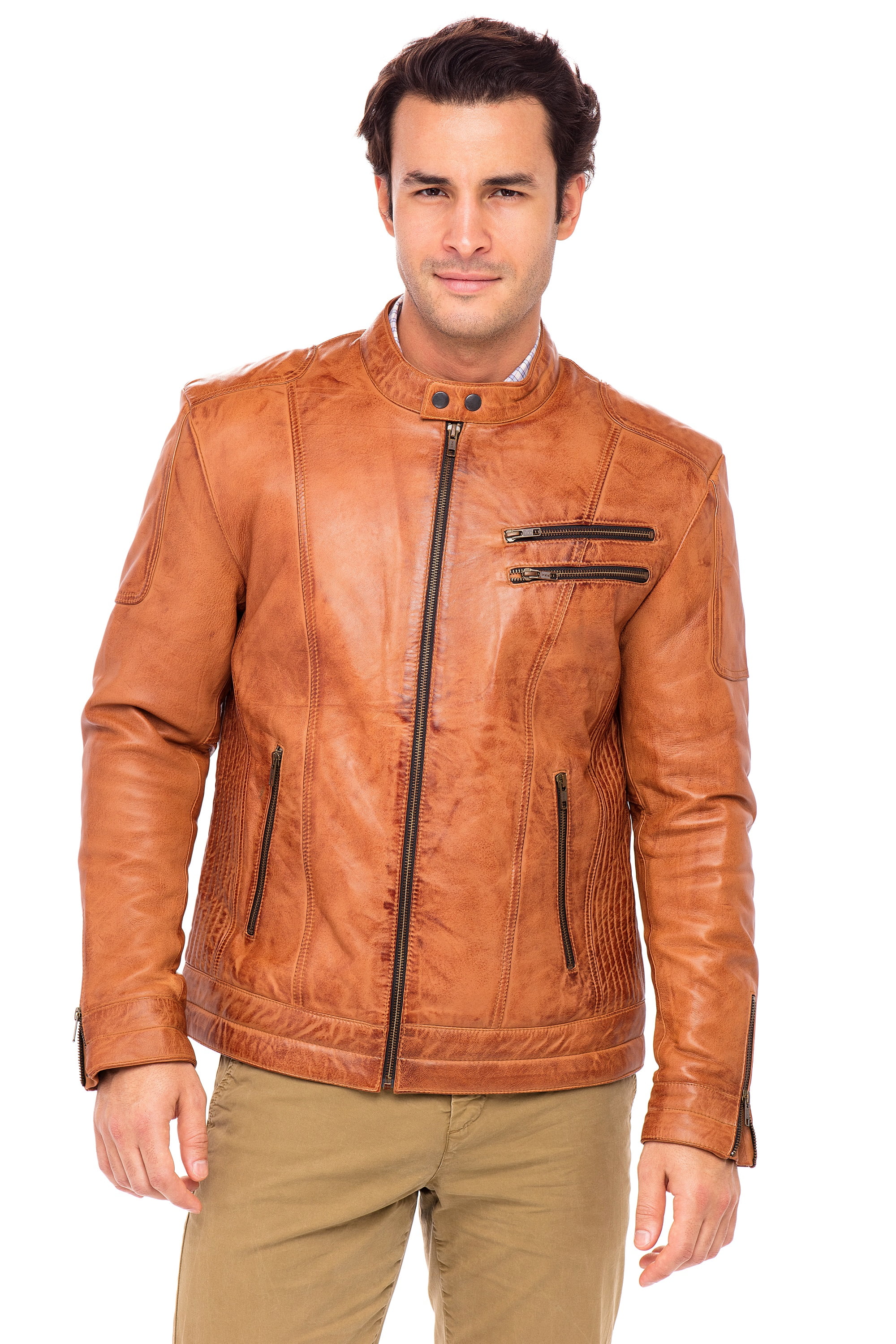 Skylinewears Mens Biker Leather Jacket 100% Genuine Sheepskin Jackt on Sale Camel Size M