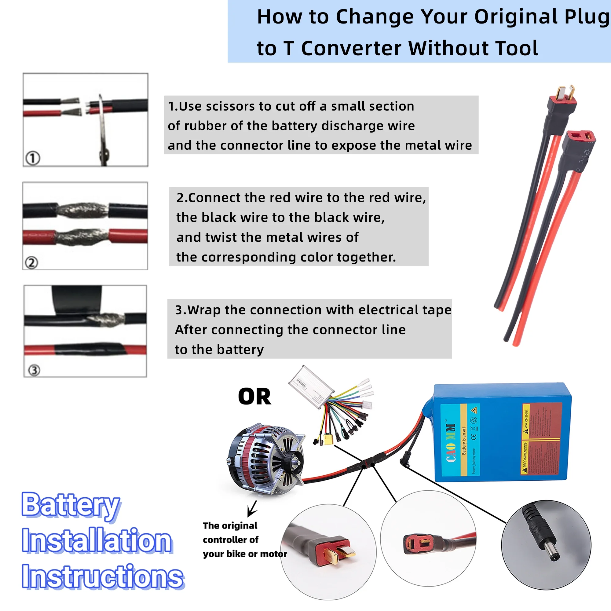 CAO MM Ebike Battery 36V 20Ah Lithium Battery with 5A Fast Charger for 1000W Electric Bike Tricycle