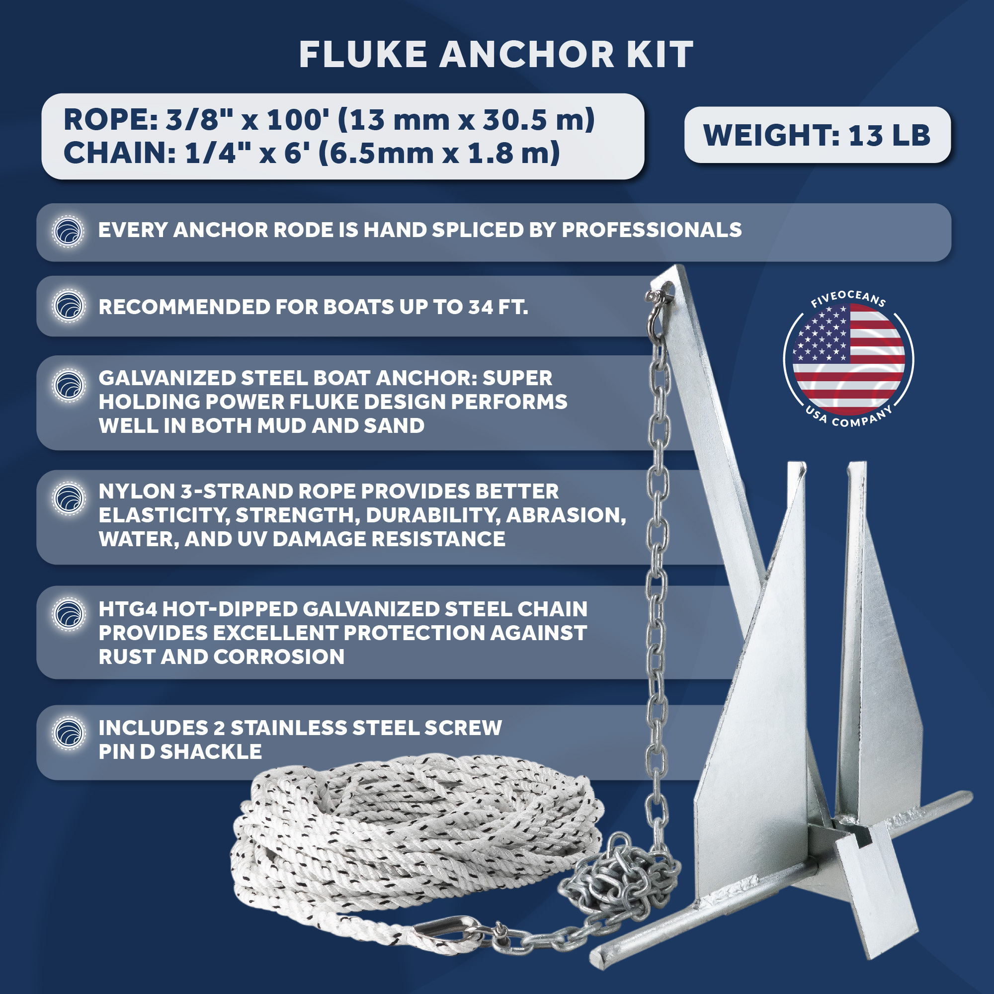Five Oceans 13 Lb Boat Anchor Kit - Fluke Anchor - Boat Anchors with Galvanized Anchor Chain 1/4