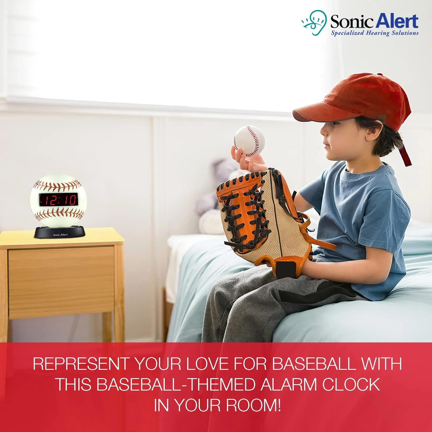Sonic Alert - Glow Baseball Alarm Clock with Super Bed Shaker, Digital Display Technology - White